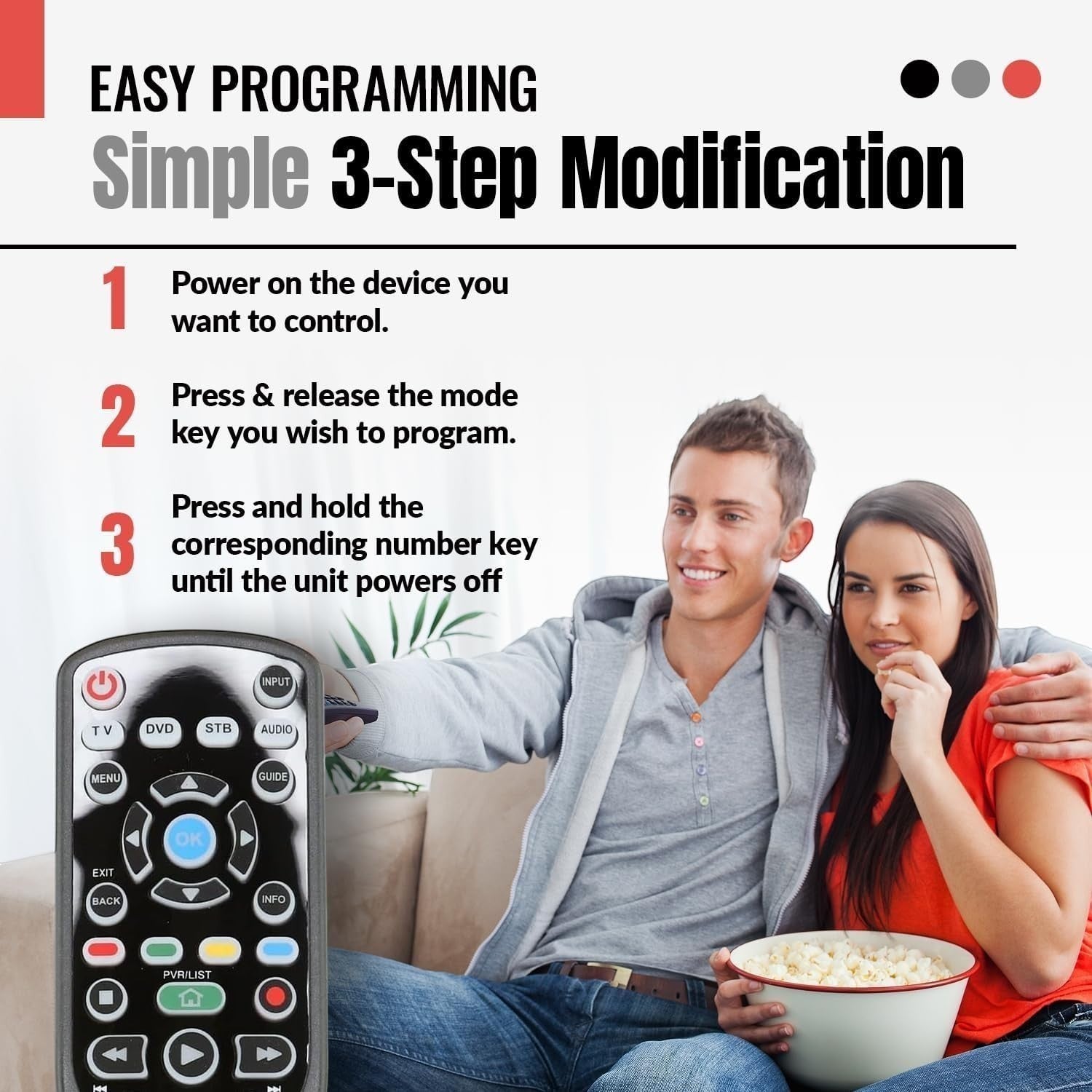Anderic universal remote control with 3-step programming instructions and a couple watching TV with popcorn.