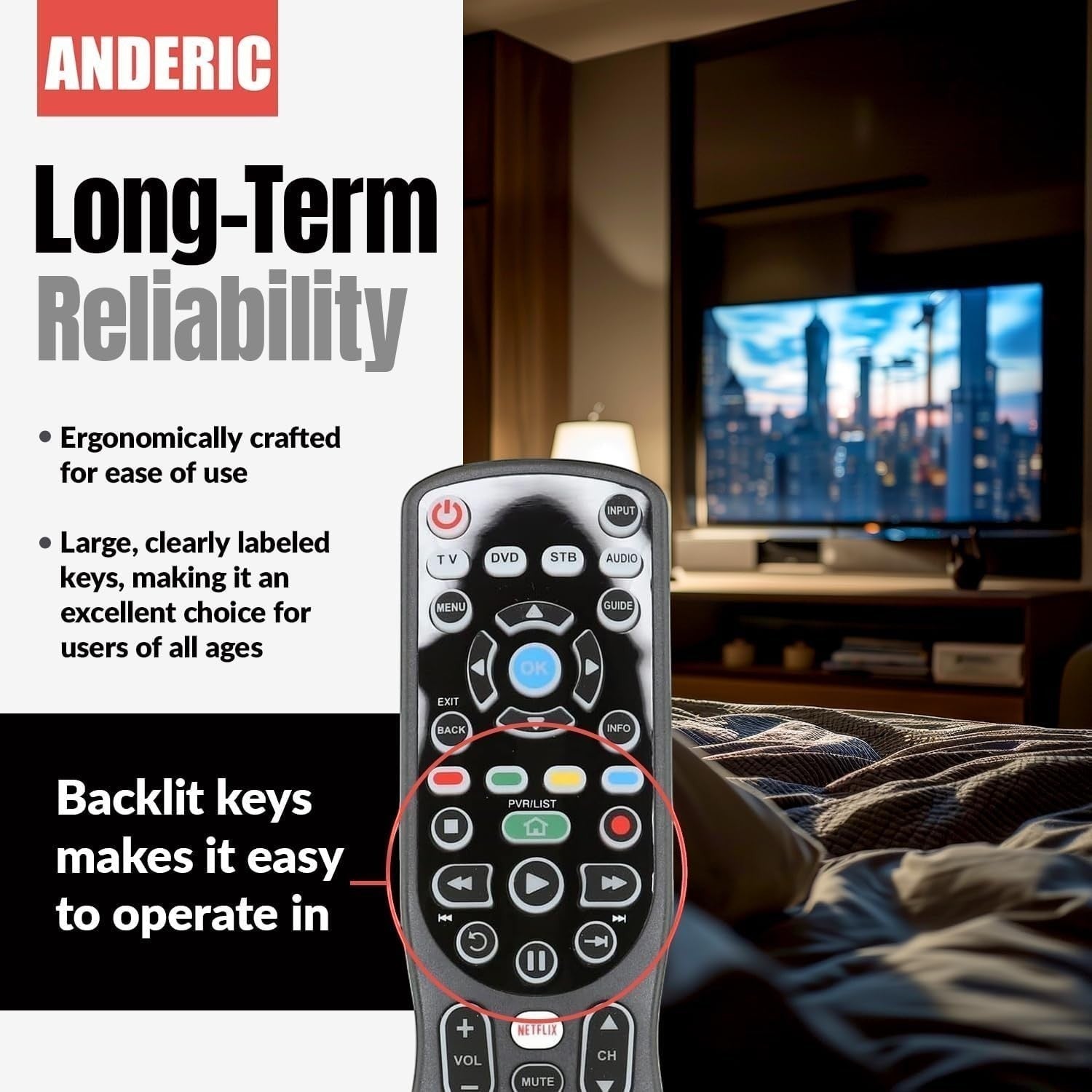Anderic universal TV remote with backlit keys, large buttons, and dedicated Netflix and home streaming controls.
