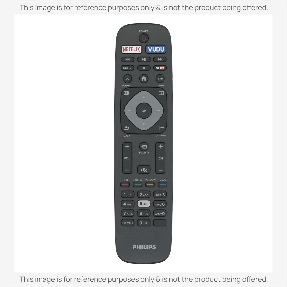 Anderic replacement remote control for Philips TVs featuring dedicated Netflix and Vudu buttons and menu navigation.