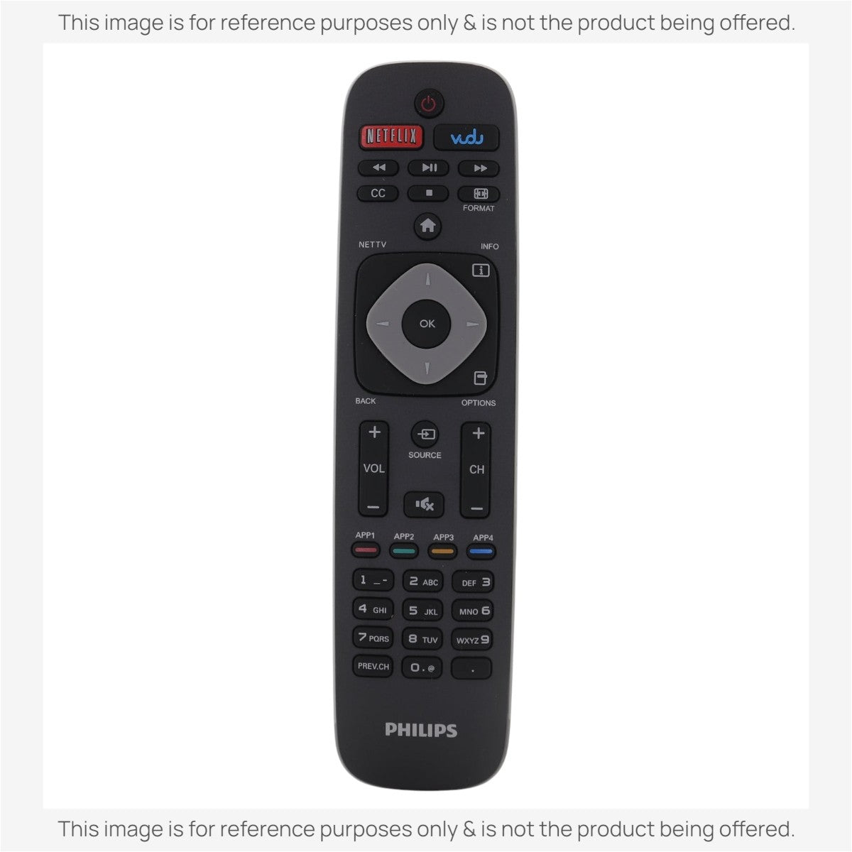 Anderic replacement remote for Philips Smart TVs featuring Netflix and Vudu shortcut buttons and IR functionality.