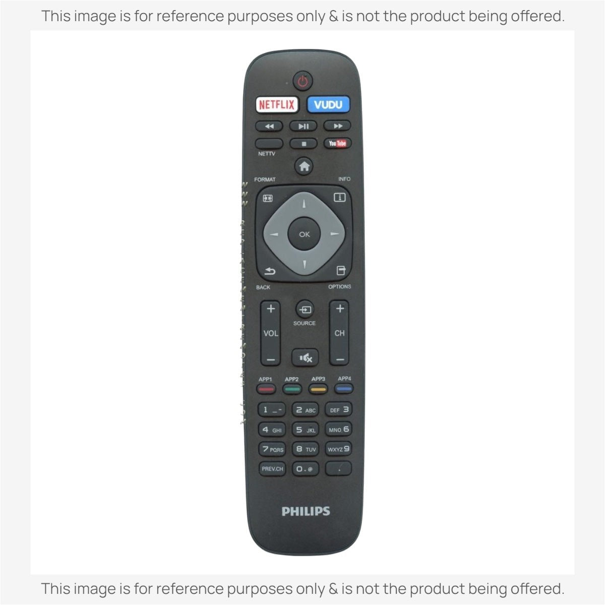 Anderic replacement remote control for Philips TVs with Netflix, Vudu, and YouTube buttons and numeric keypad.