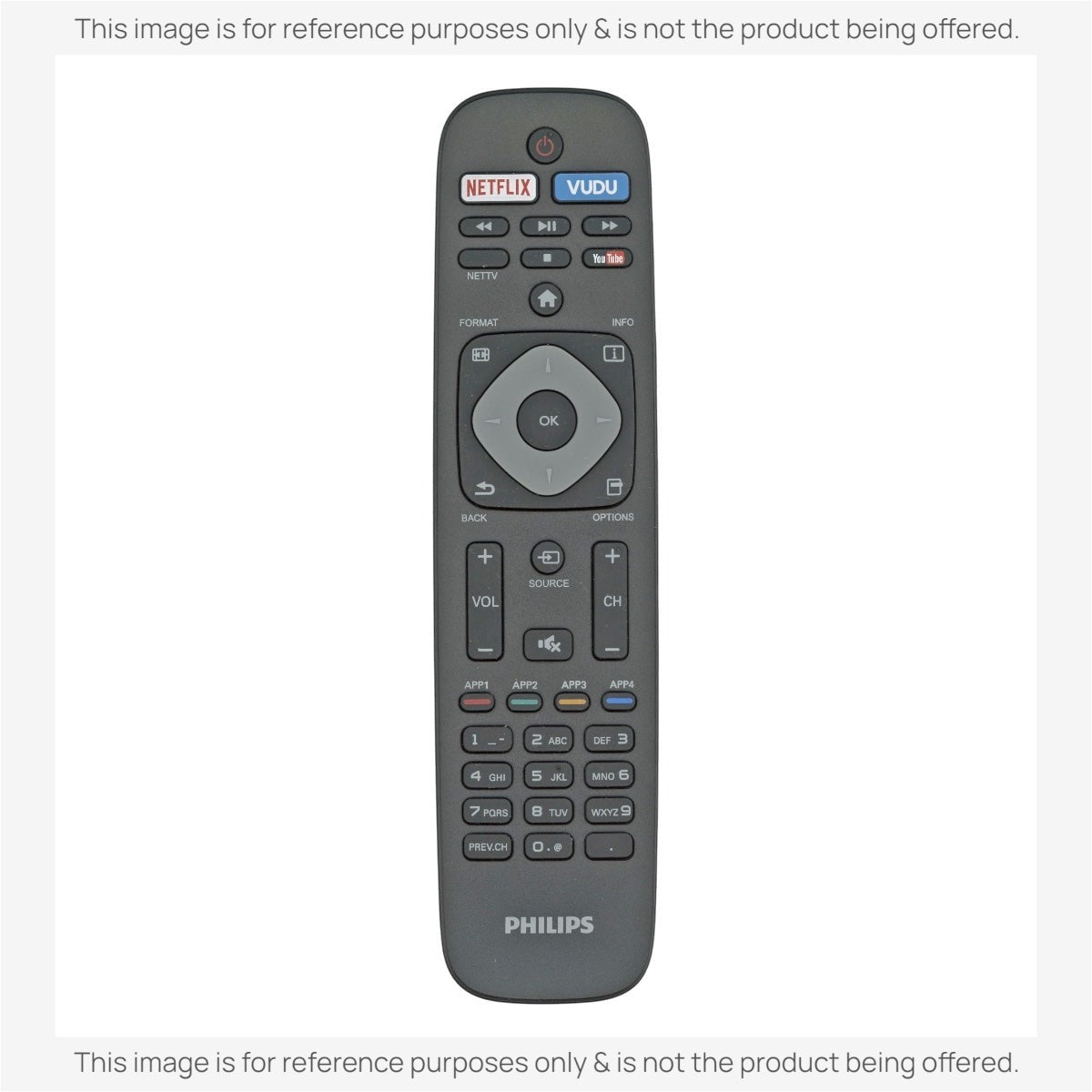 Anderic replacement remote control for Philips TVs featuring dedicated Netflix and Vudu buttons and intuitive layout.