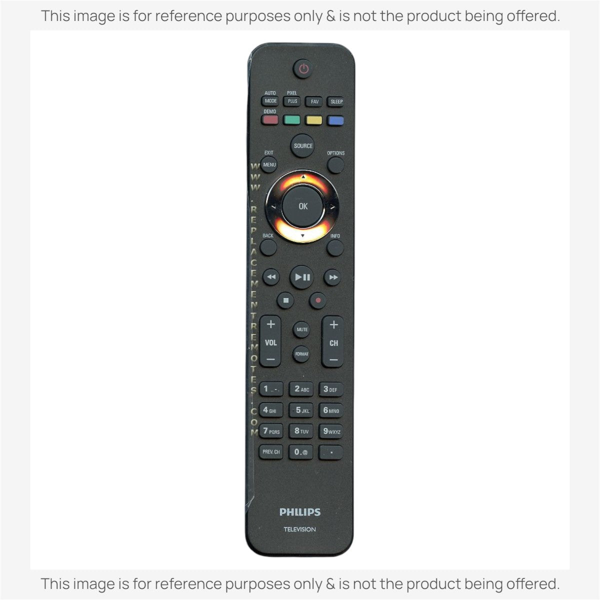 Anderic RRHG003 black replacement remote control for Philips televisions with standard navigation and media buttons.