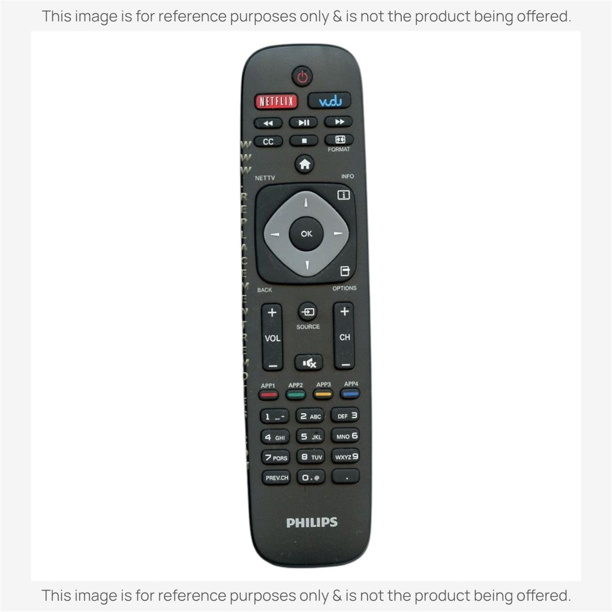 Anderic black replacement remote control for Philips TVs featuring Netflix, Vudu, and standard navigation buttons.
