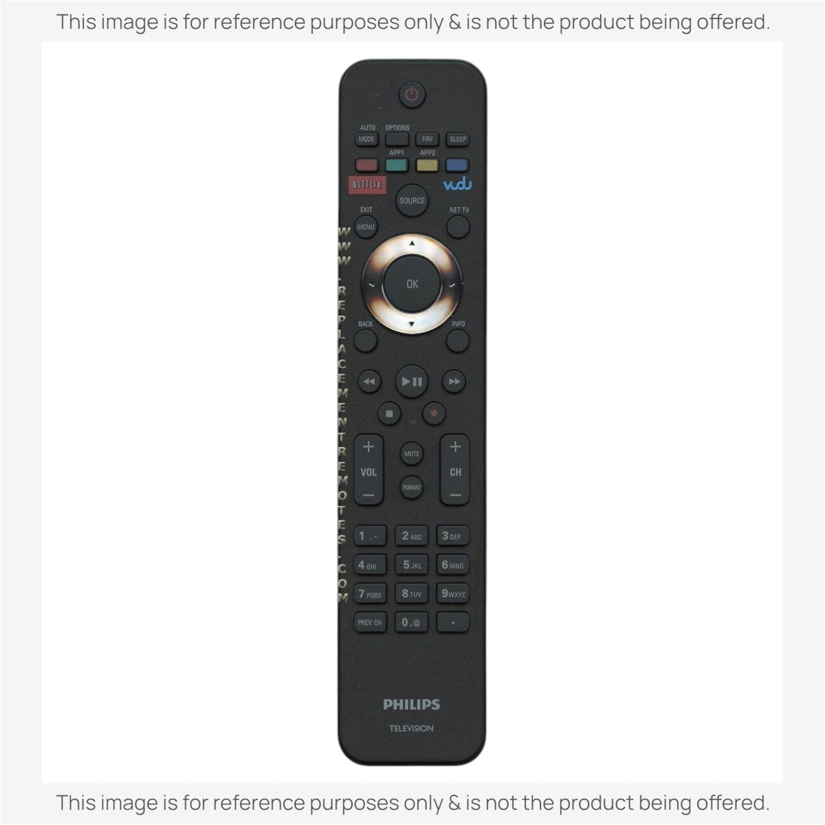 Anderic replacement remote control for Philips TVs featuring dedicated Netflix and Vudu buttons and a central dial.