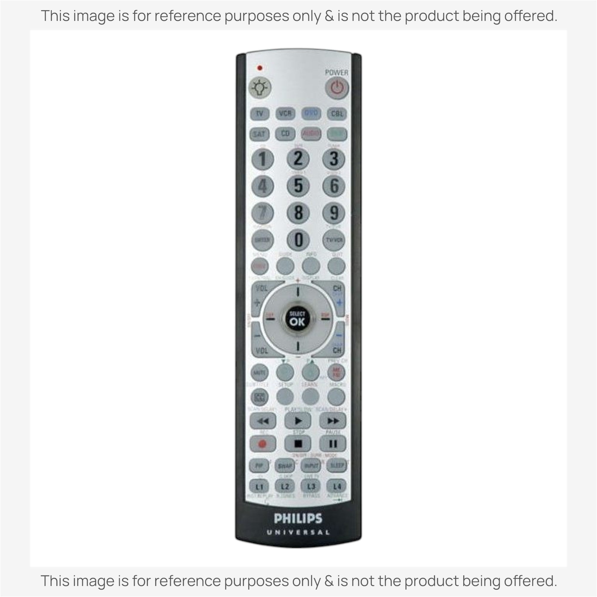 Anderic replacement universal remote control for Philips devices with a grey keypad and dedicated function buttons.