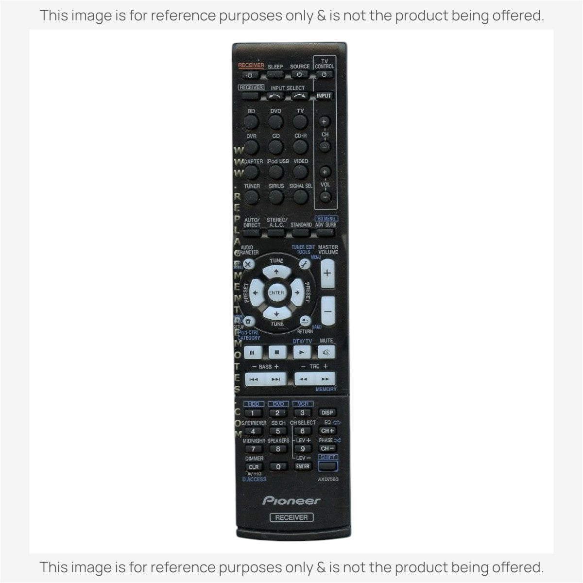 Anderic replacement remote control for Pioneer A/V receivers, featuring black plastic casing and multi-function buttons.