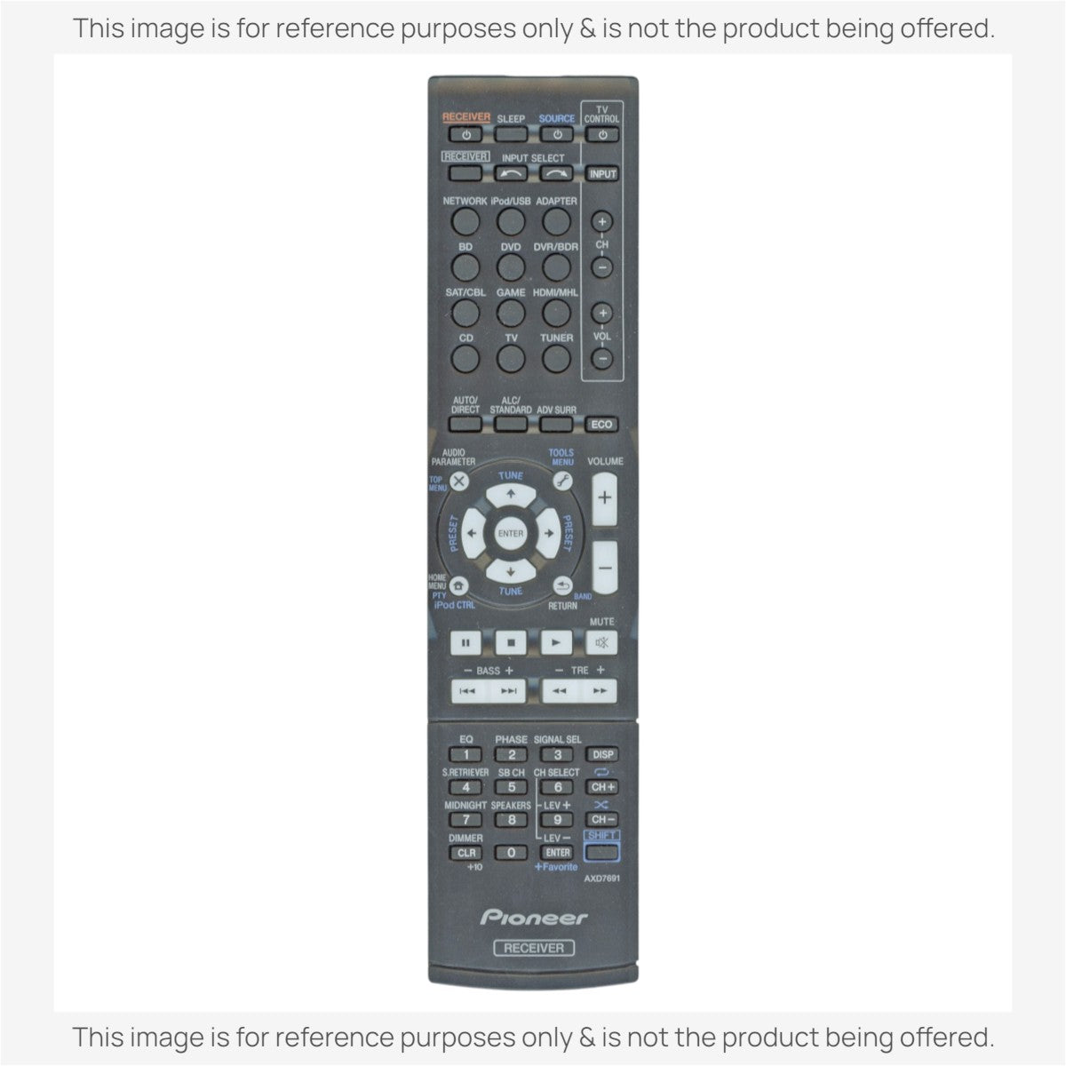 Anderic black replacement remote control for Pioneer A/V receivers with multi-function buttons and numeric keypad.