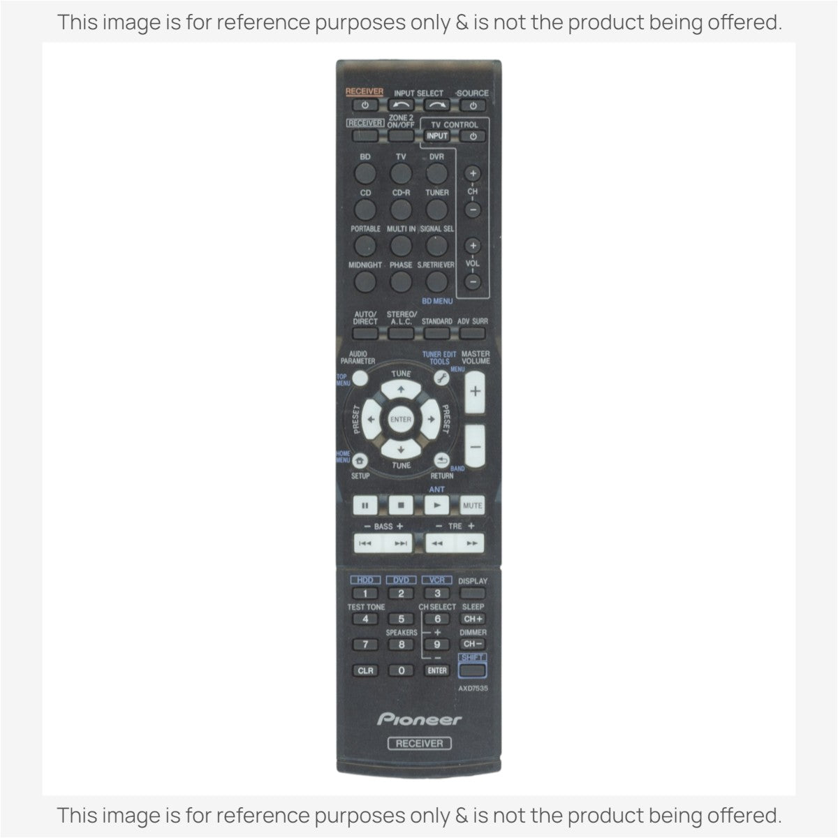 Anderic replacement remote control for Pioneer A/V receivers, featuring a black plastic body with labeled buttons.
