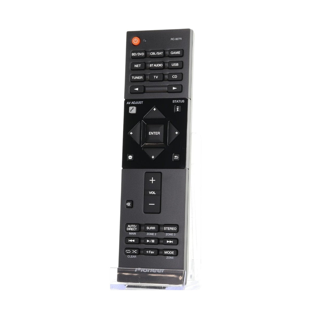 Anderic substitute remote control for Pioneer A/V receivers, featuring a black keypad with dedicated media buttons.