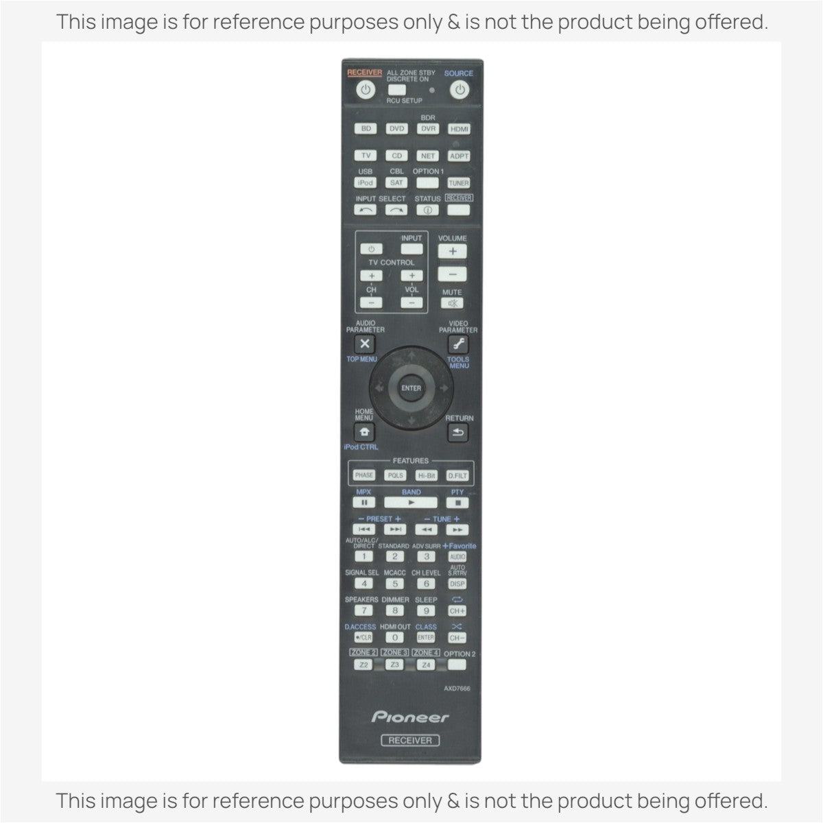 Anderic replacement remote control for Pioneer A/V receivers, featuring a black keypad with comprehensive media buttons.