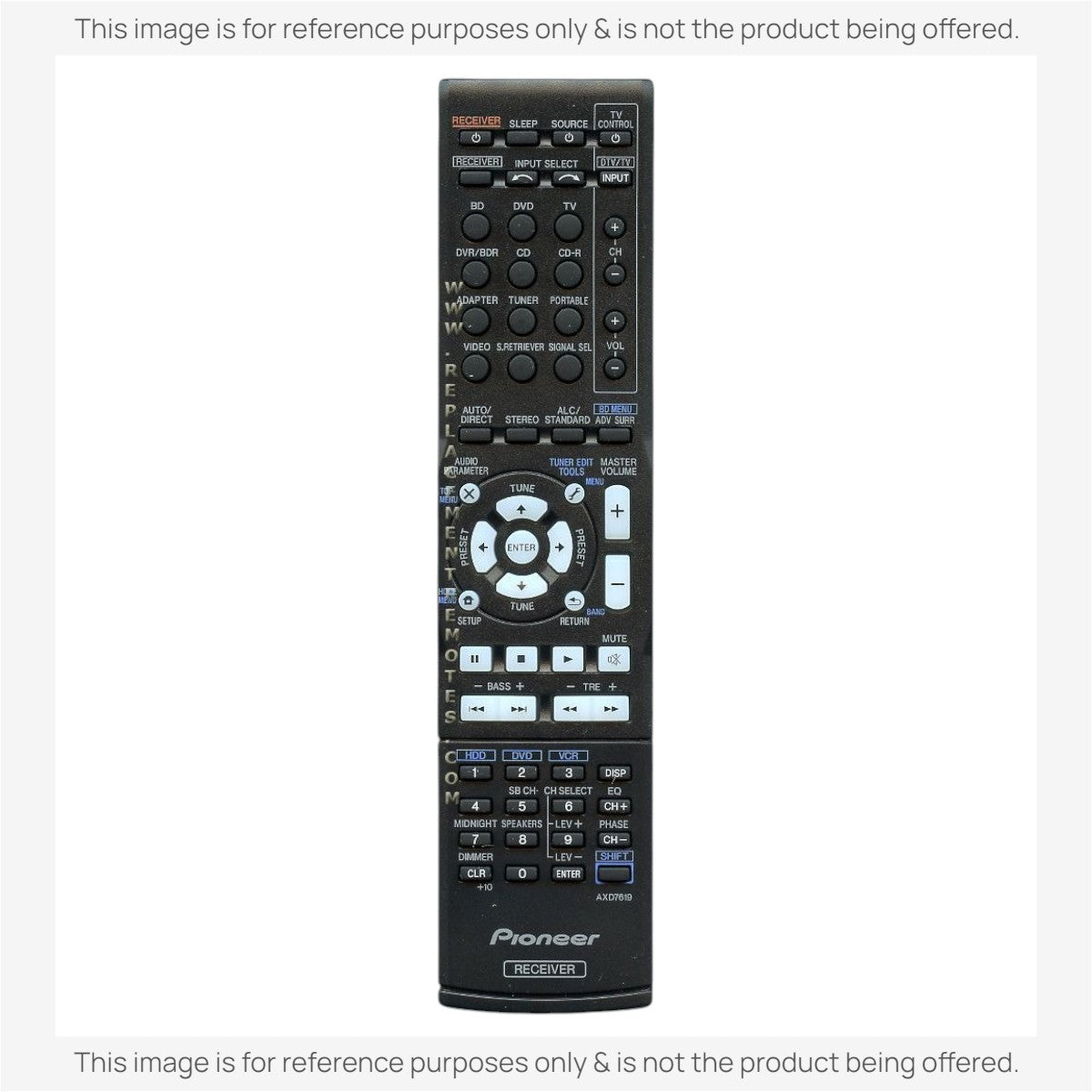 Anderic substitute remote control for Pioneer A/V receivers, featuring black plastic casing and full button layout.