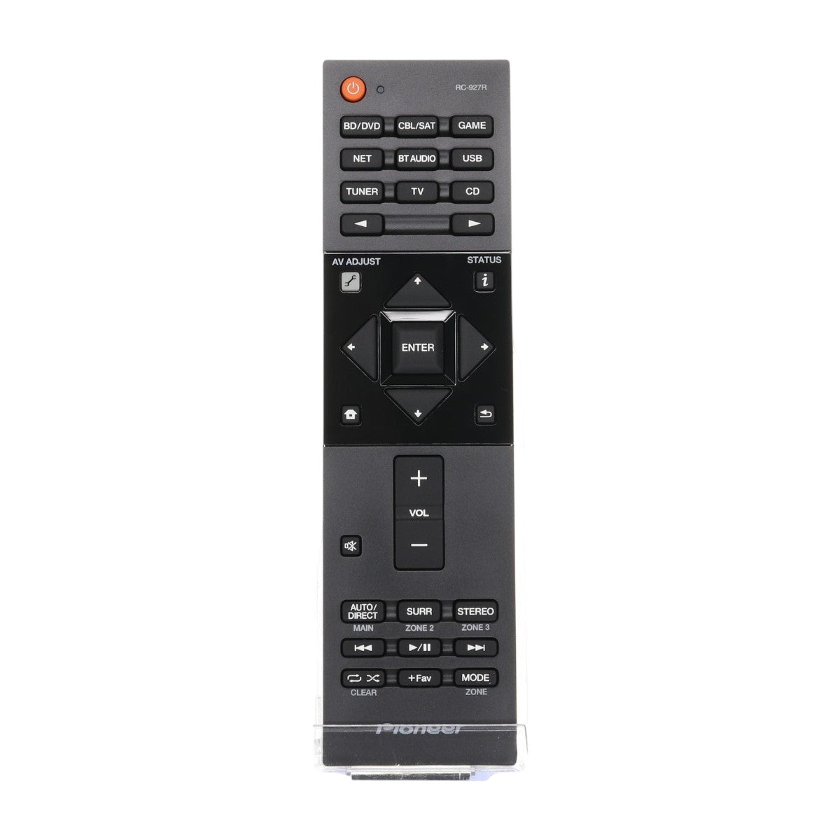 Anderic substitute remote control for Pioneer A/V receivers featuring a black keypad with dedicated media buttons