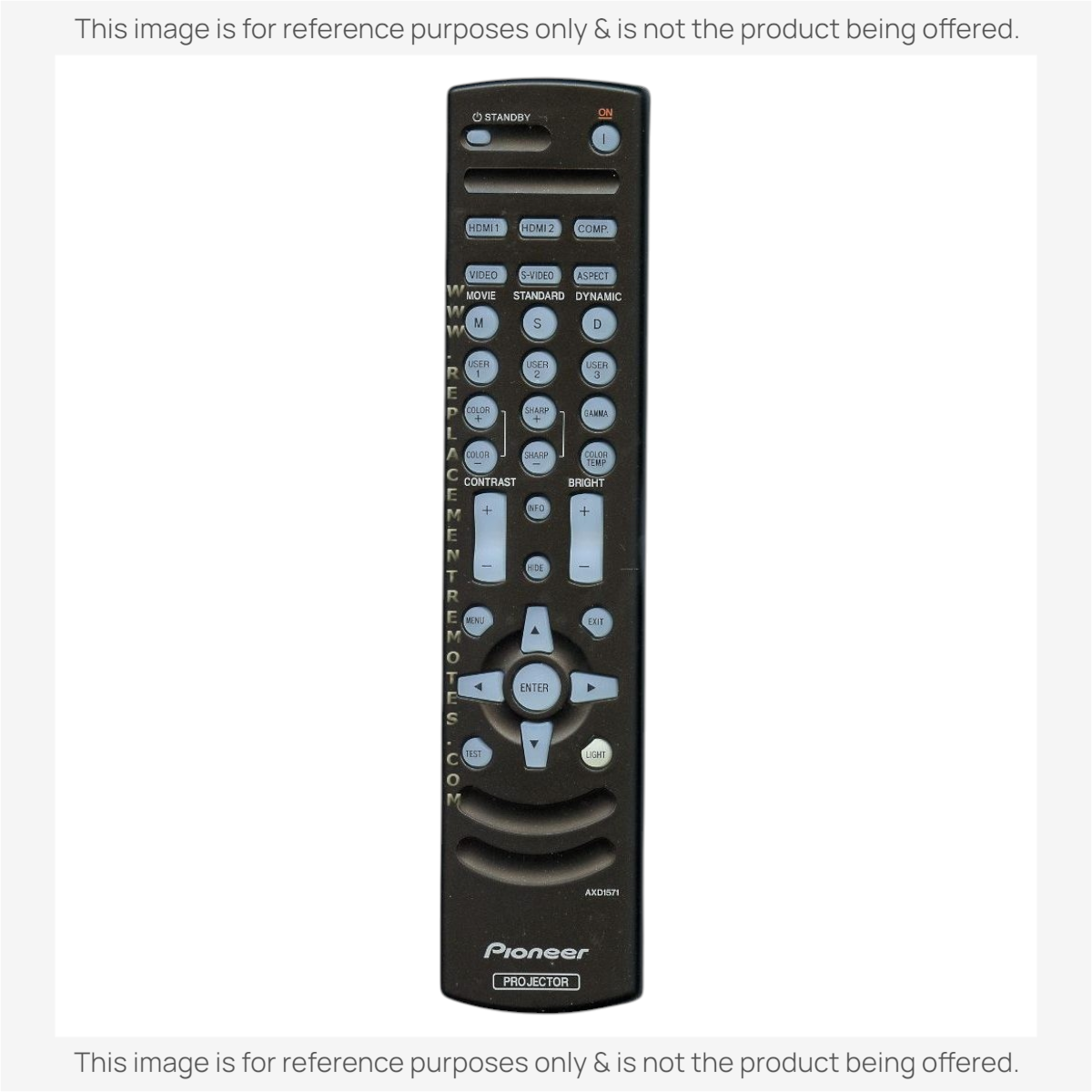 Anderic replacement remote control for Pioneer AXD1571 projector with black casing and labelled function buttons.