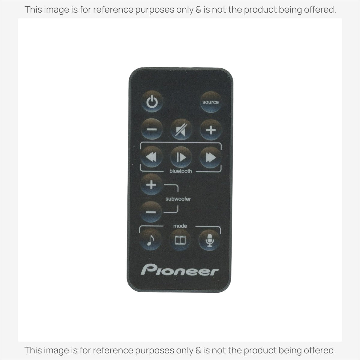 Anderic replacement remote control for Pioneer sound bar systems with volume, source, and playback buttons.