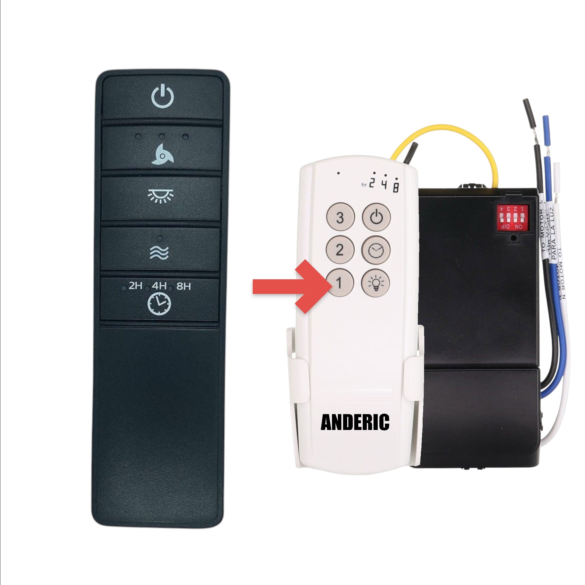 Anderic replacement ceiling fan remote control for Premier UC7229T with fan speed, light, and timer buttons.