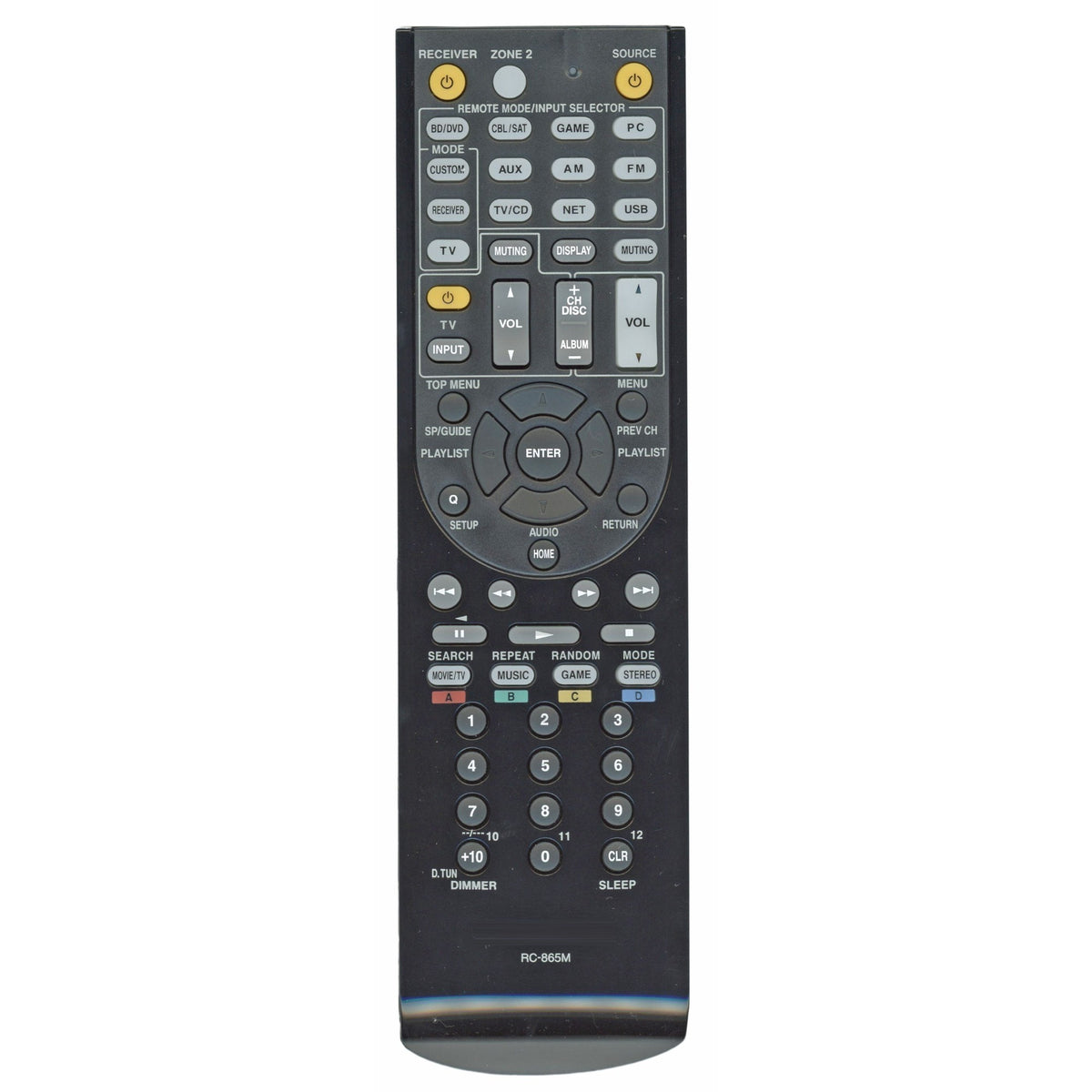 Anderic RC865M black replacement remote control for Onkyo receivers with multi-function buttons and numeric keypad