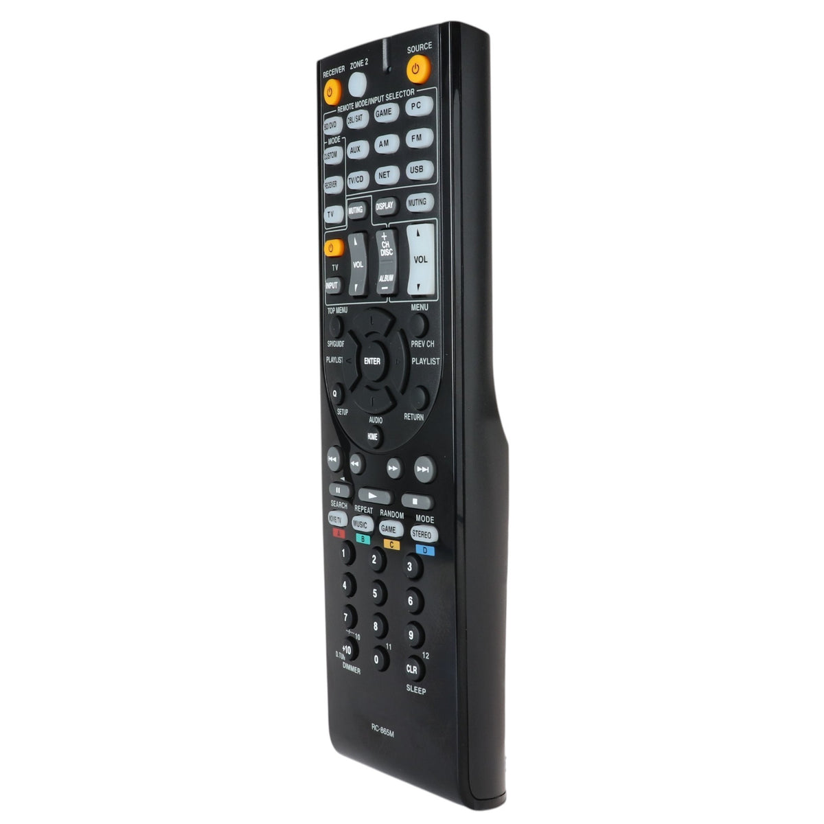 Anderic RC865M black replacement remote control for Onkyo home theater receivers, side view.