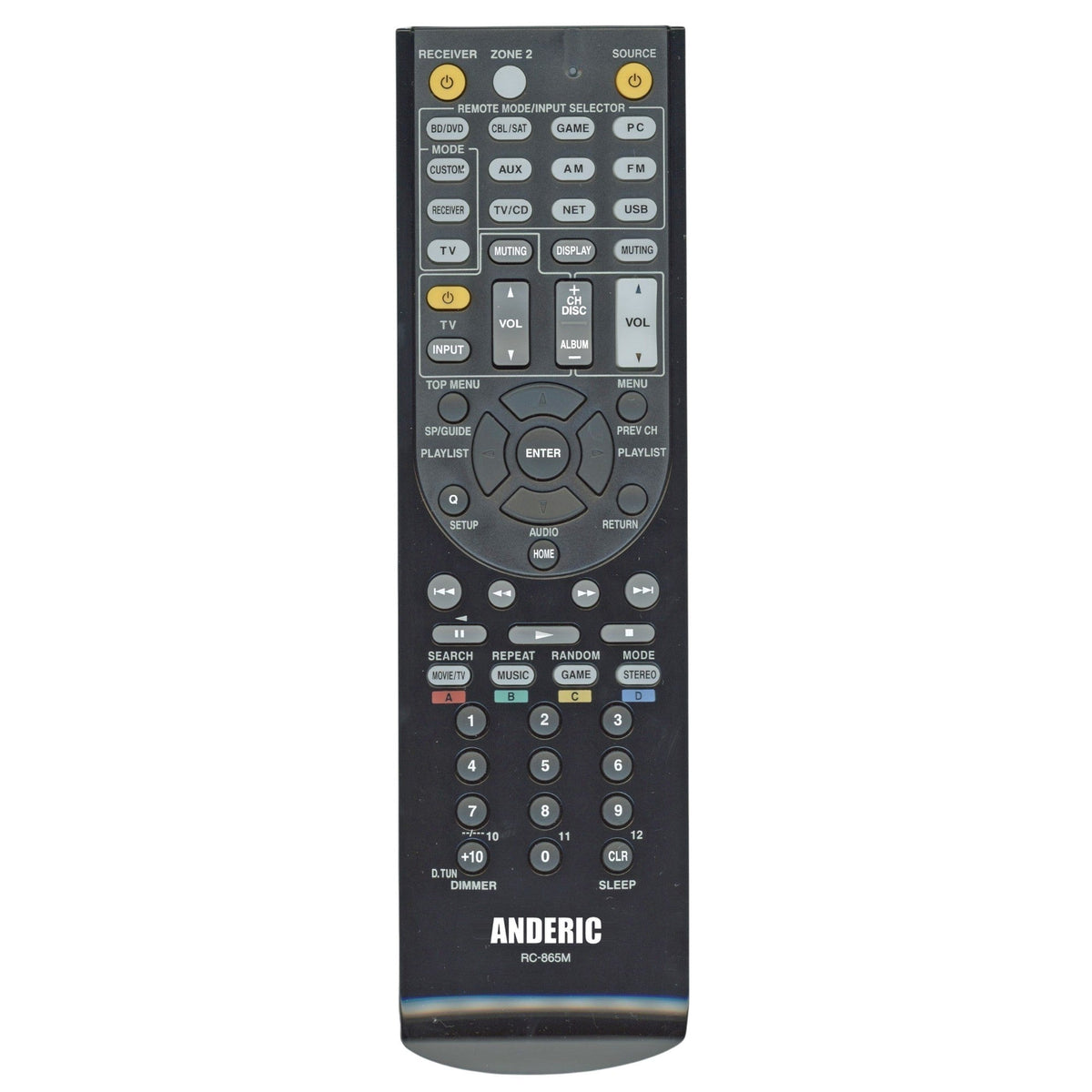 Anderic RC865M replacement remote control for Onkyo and Integra A/V receivers with black ergonomic button layout