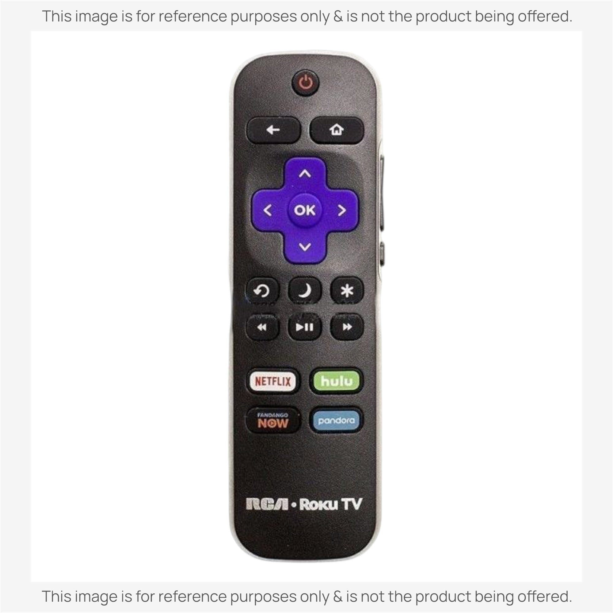 Anderic RRLF26 replacement remote control for RCA Roku TV featuring a purple directional pad and shortcut buttons.