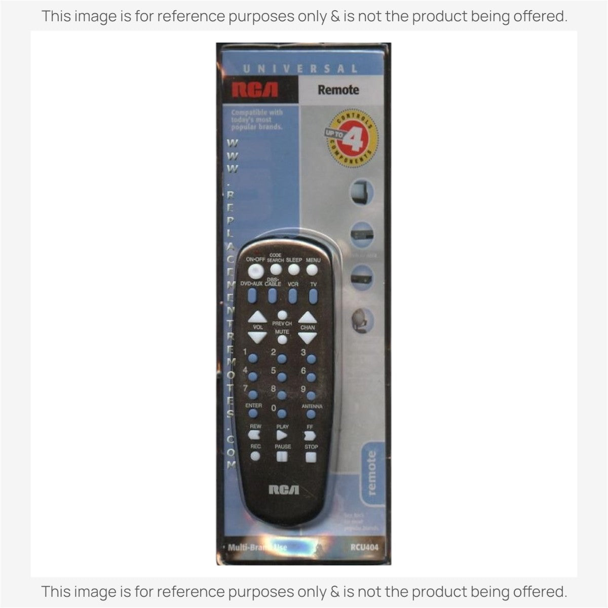 Anderic universal remote control for RCA RCU404 in original retail packaging with black body and blue buttons