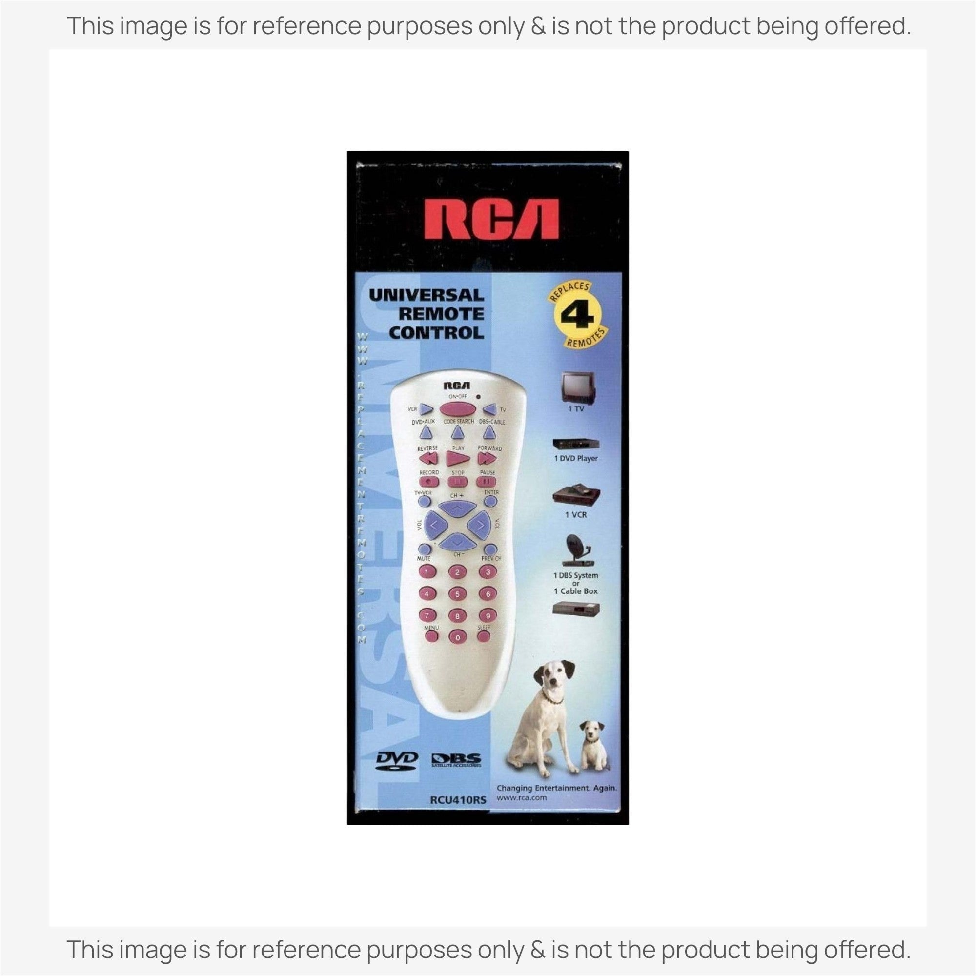 Anderic universal remote control replacement for RCA RCU410RS in original retail packaging with 4-device capability.