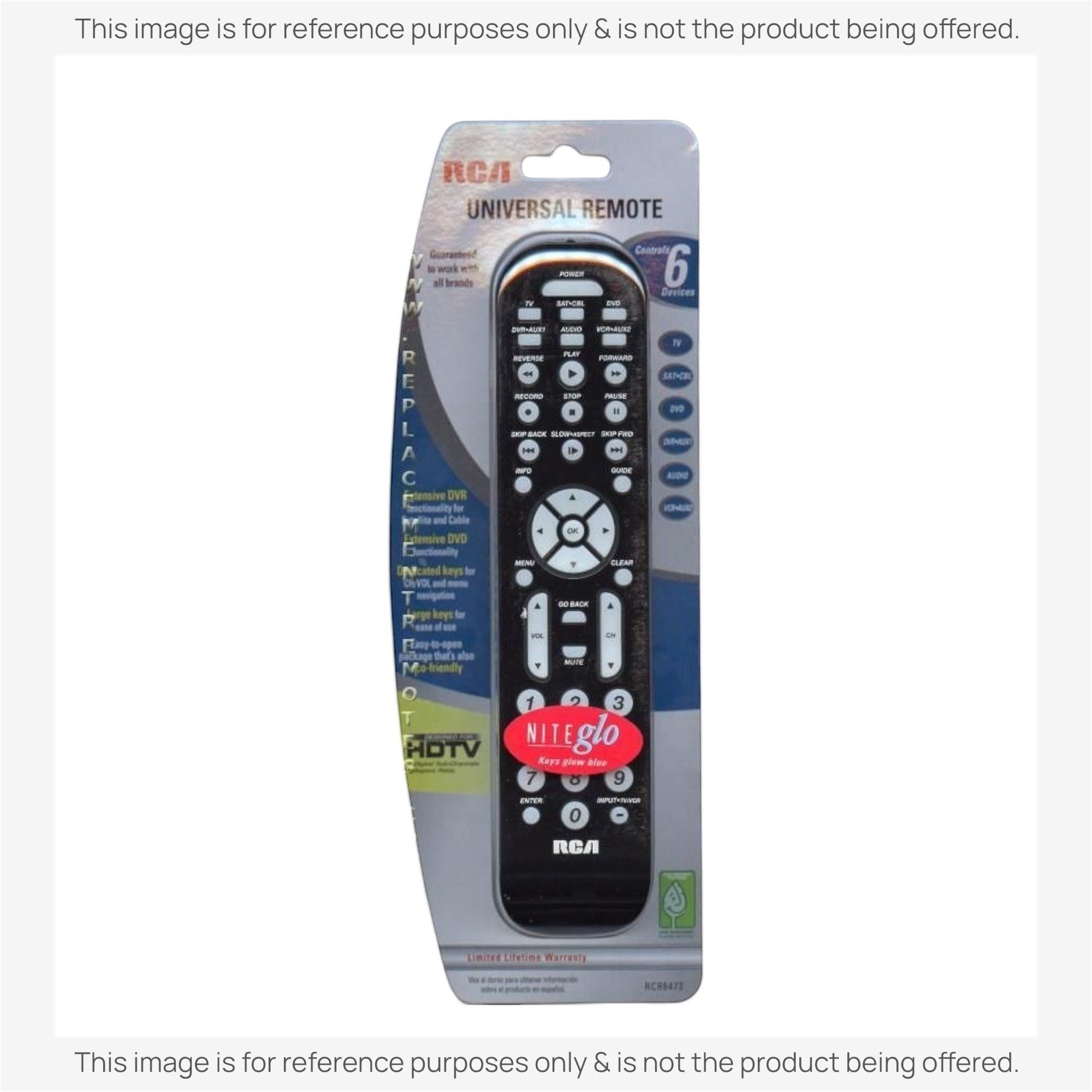 Anderic universal remote control replacement for RCA RCR6473 in original retail packaging with backlit NiteGlo keys.