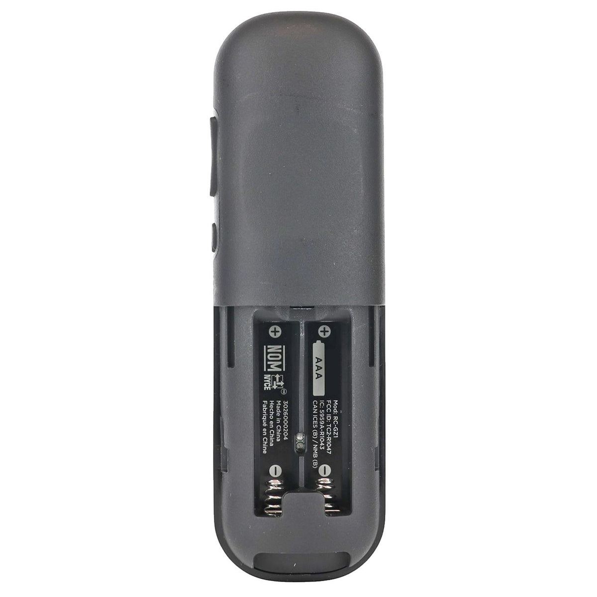 Anderic RCGZ1 replacement remote control for TCL Roku TV, back view showing the open battery compartment.