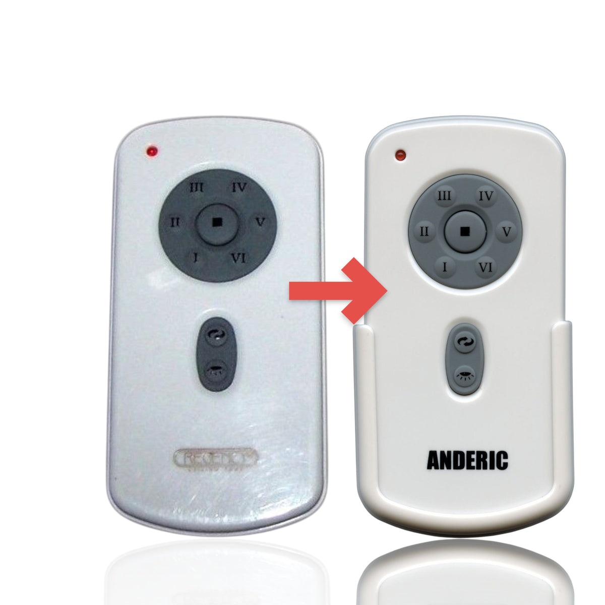 Anderic replacement remote control for Regency ceiling fans showing the original and new models side by side