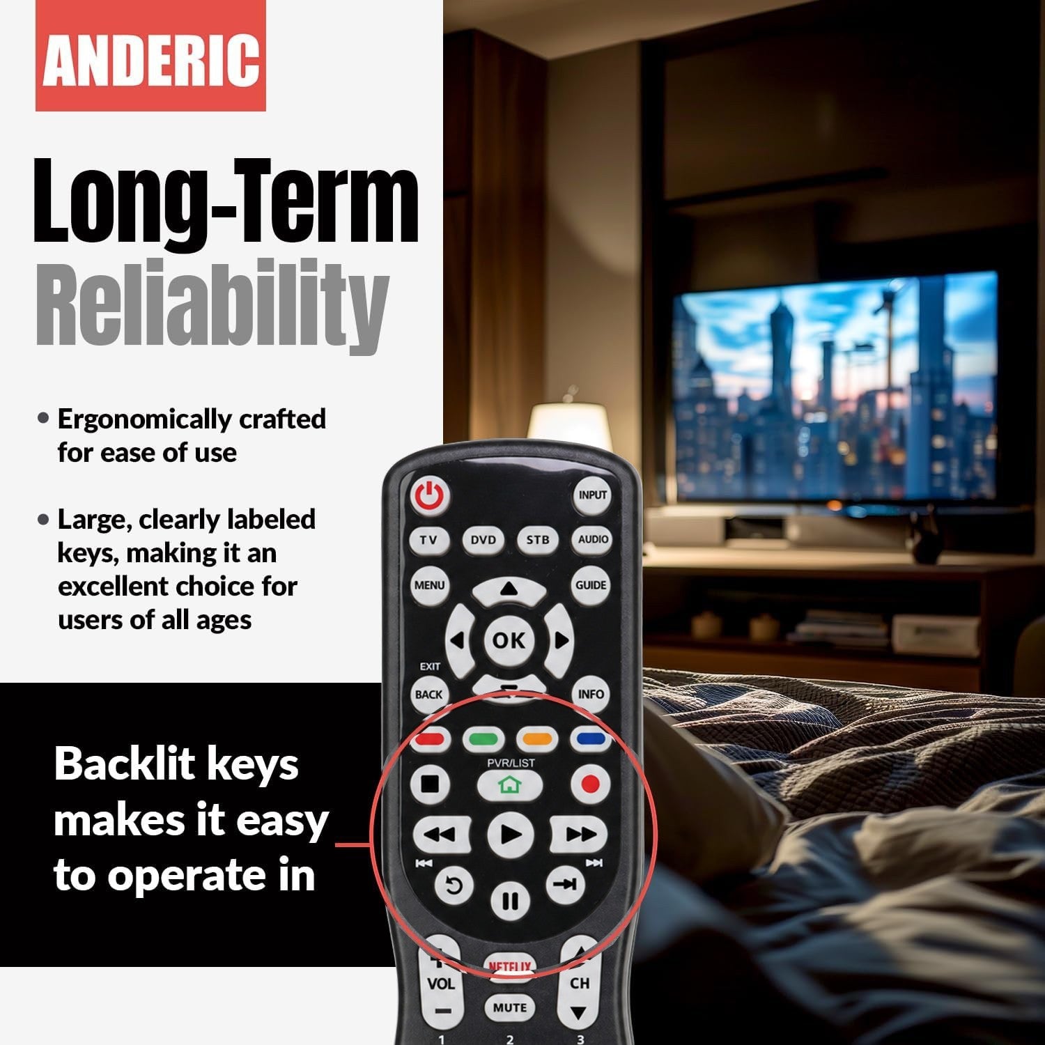 Anderic RRU401 replacement TV remote for Mitsubishi with backlit keys and clearly labeled buttons in a living room.