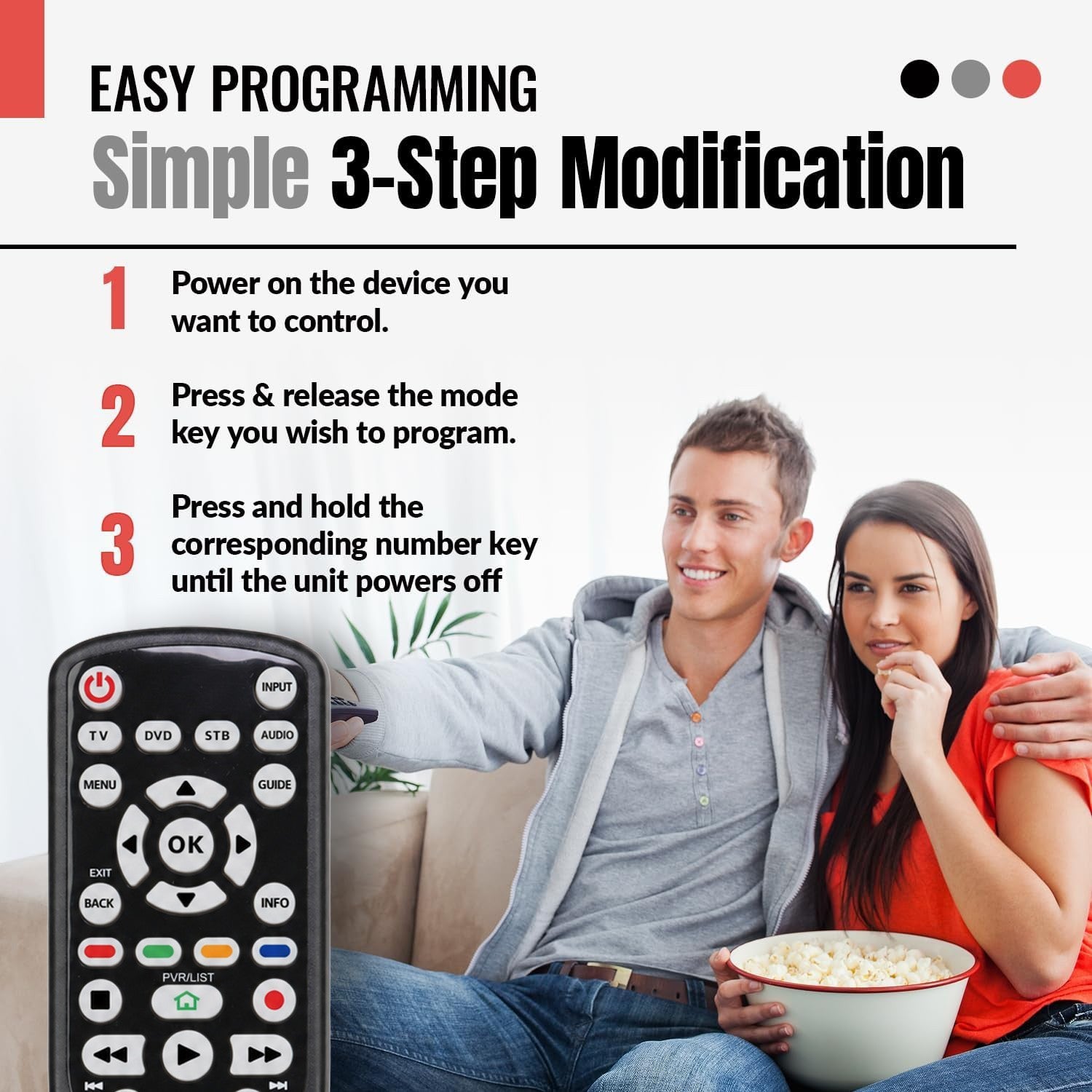 Anderic RRU401 replacement remote control for Mitsubishi TVs with backlit buttons and 3-step programming instructions