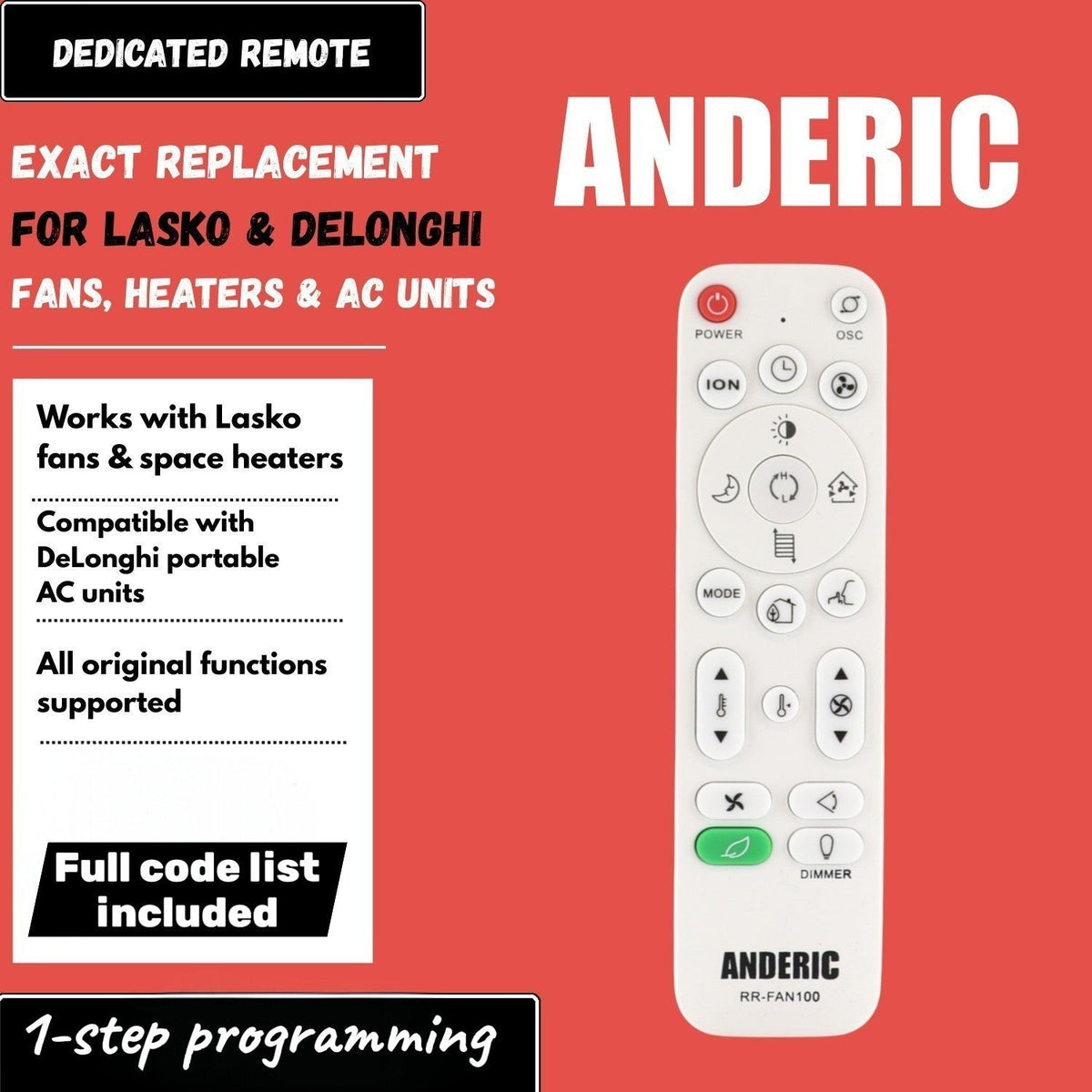 Anderic RRFAN100A replacement remote control for Lasko and DeLonghi space heaters, fans, and AC units.