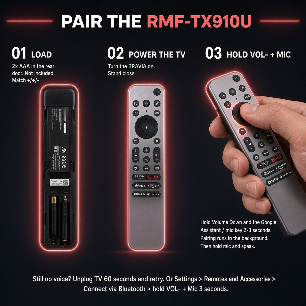 Anderic RMFTX910U voice remote control for Sony BRAVIA TVs showing battery installation and pairing instructions.