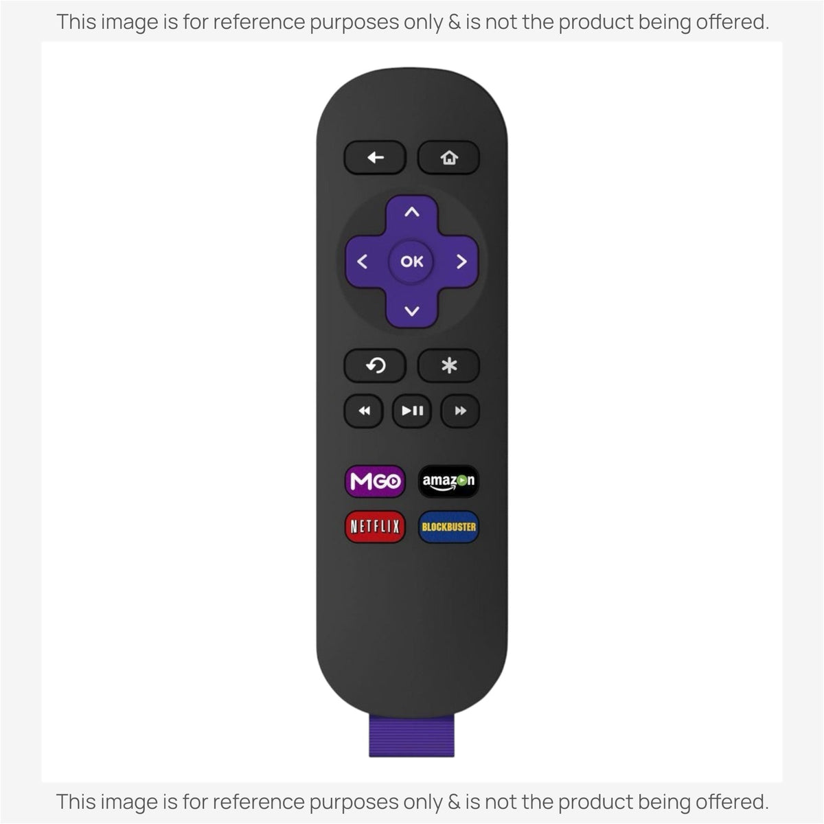 Anderic RRST01 black infrared remote control for Roku 2 featuring a purple directional pad and streaming app buttons.