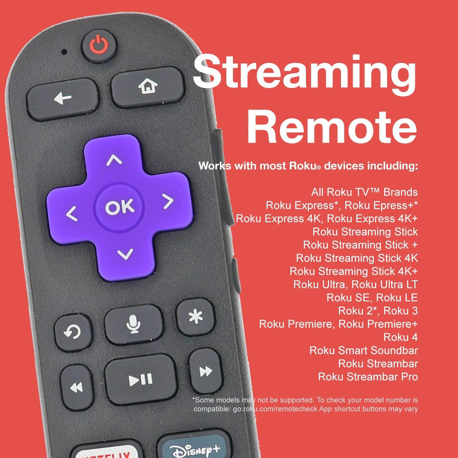 Anderic Roku RCEL3 streaming remote with purple directional pad, headphone jack, and dedicated app shortcut buttons.