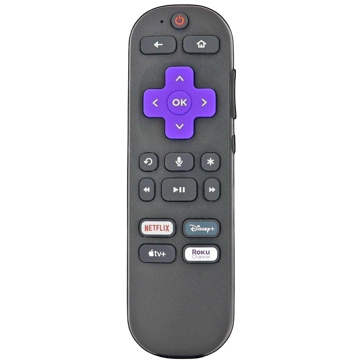 Anderic dark grey universal streaming remote control with voice control, navigation buttons, and app shortcuts for Netflix, Disney+, Apple TV+, and Roku Channel.