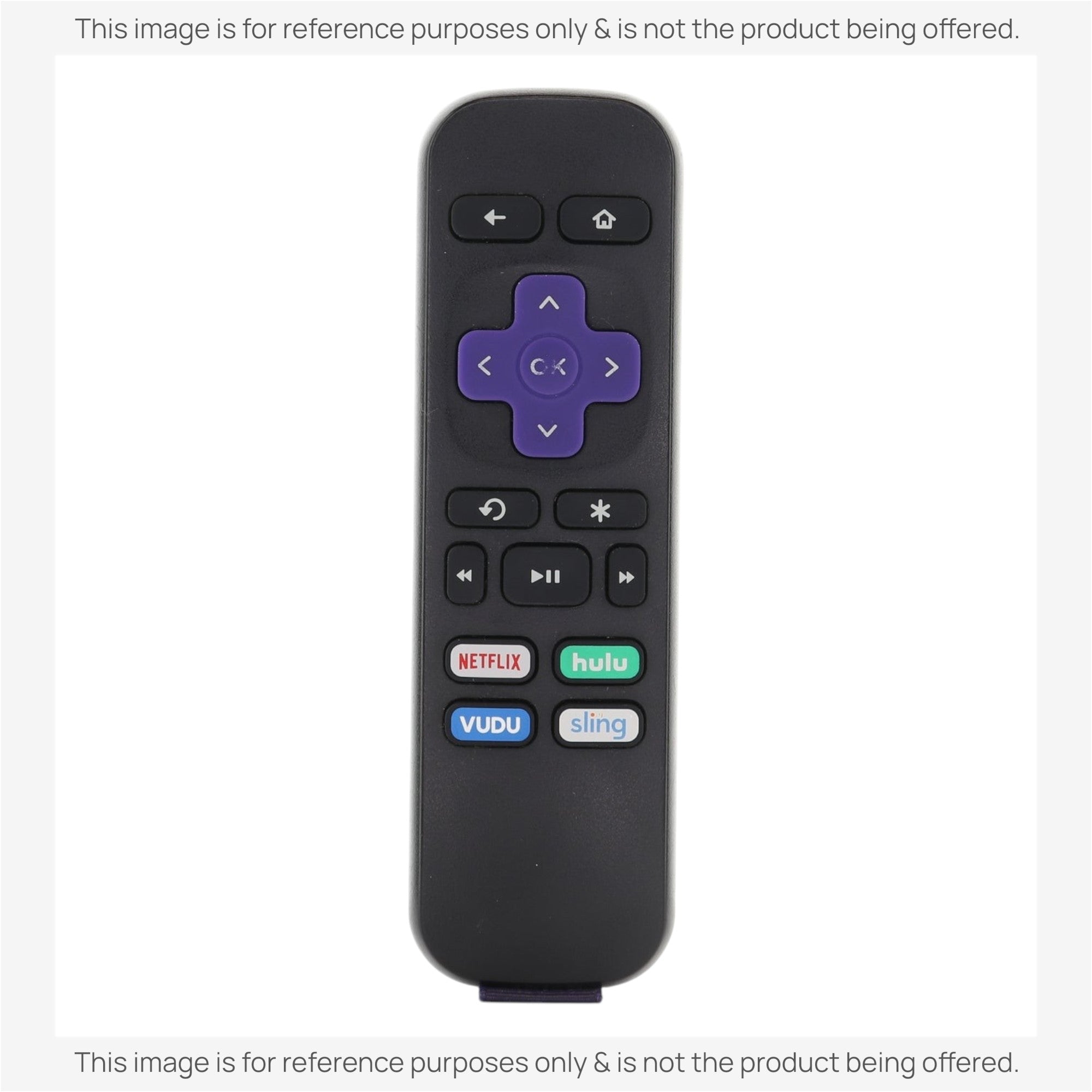 Anderic RRST01 black IR replacement remote for Roku streaming devices with purple navigation pad and shortcut buttons.