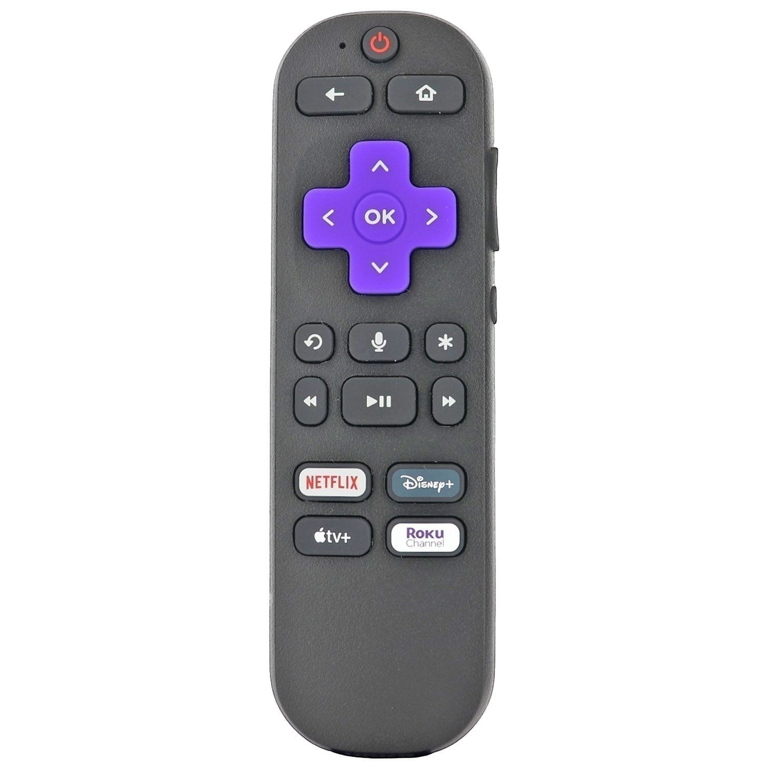 Anderic replacement Roku streaming stick remote control with voice command, purple navigation pad, and app buttons.