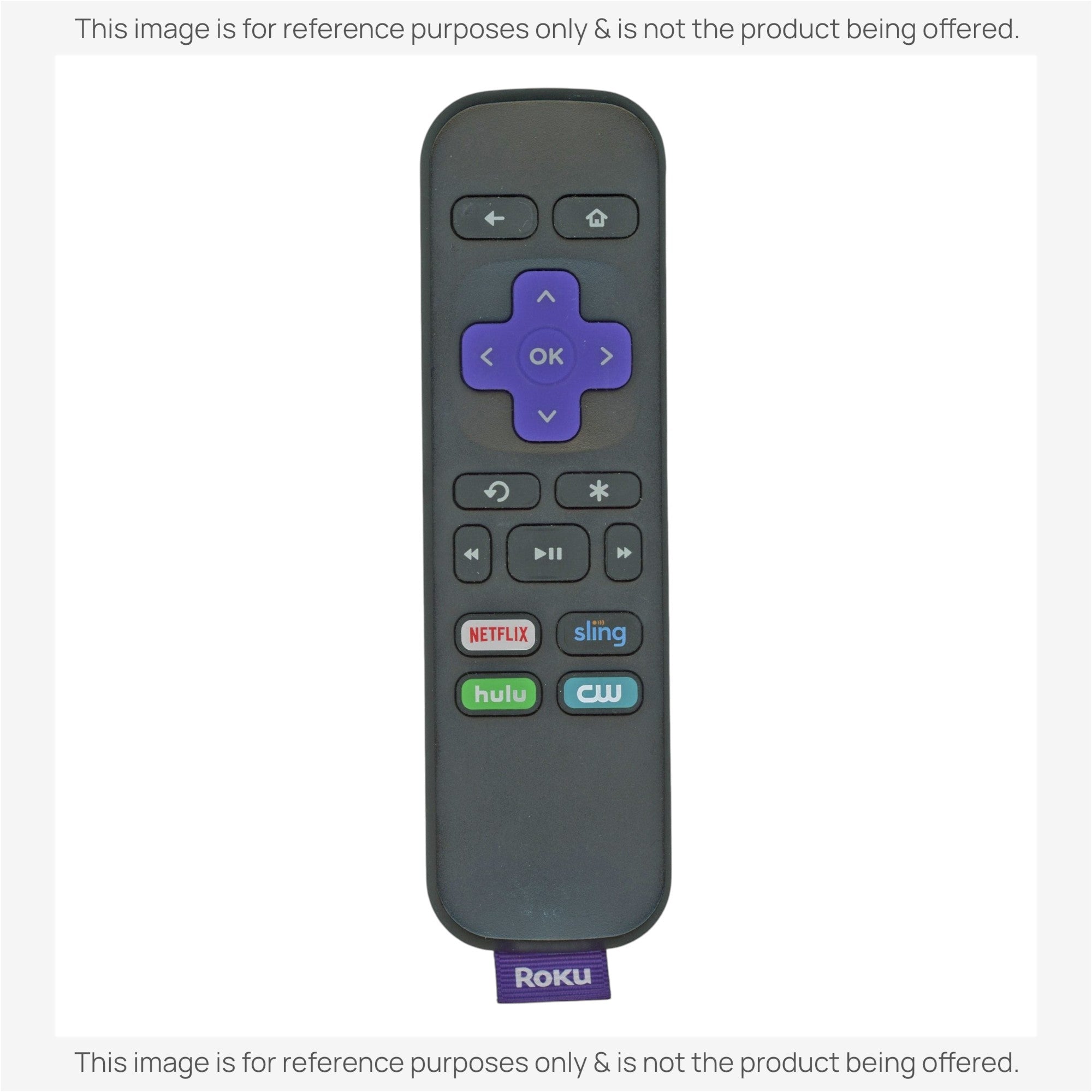 Anderic RRST01 IR remote control for Roku streaming players featuring a purple directional pad and shortcut buttons.