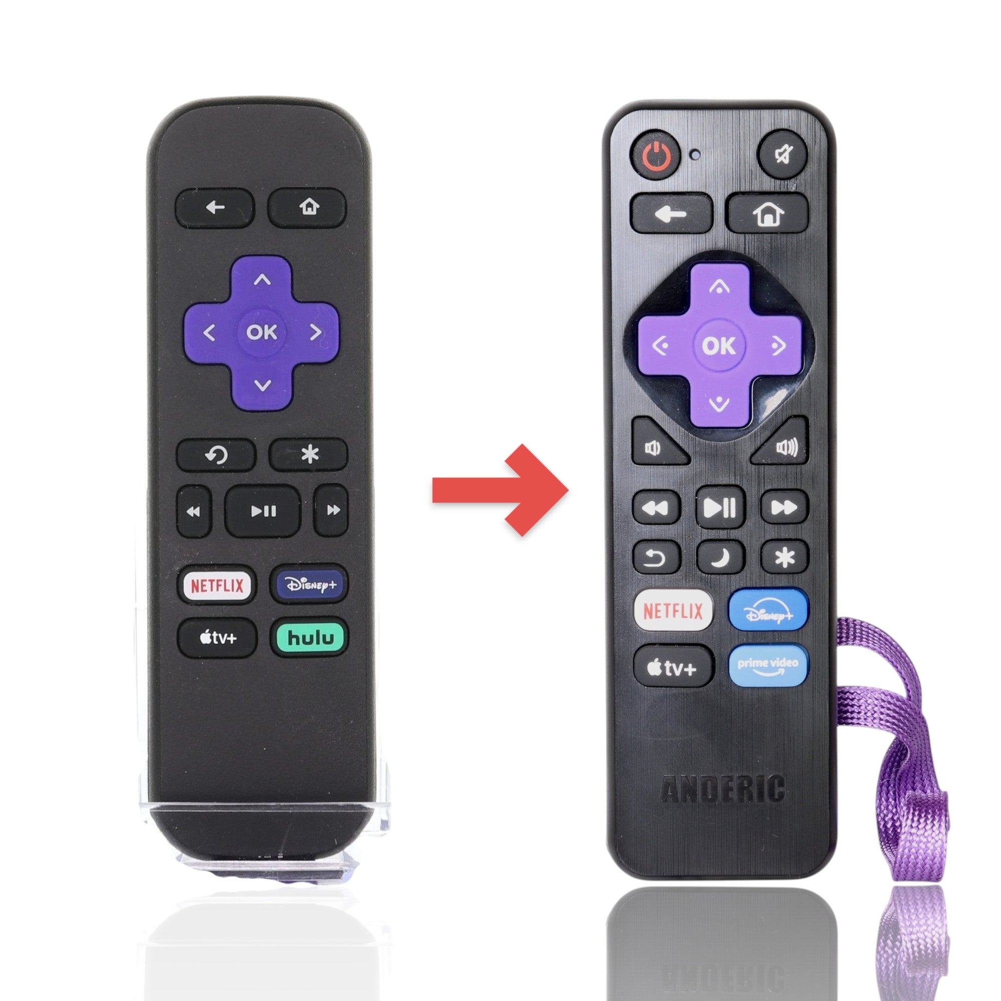Anderic replacement infrared remote for Roku streaming devices featuring purple navigation keys and a purple wrist strap