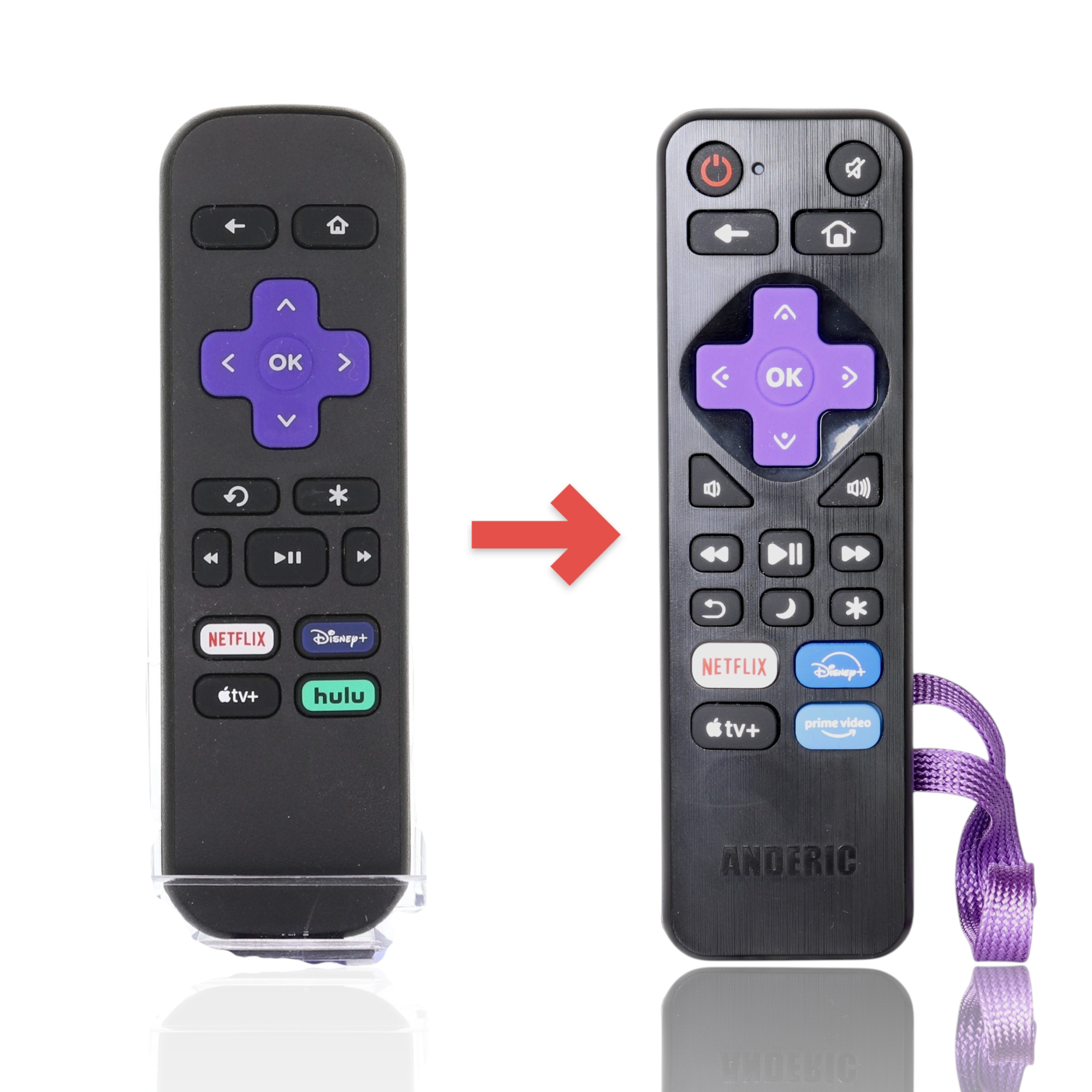 Anderic replacement infrared remote for Roku streaming devices featuring purple navigation keys and a purple wrist strap