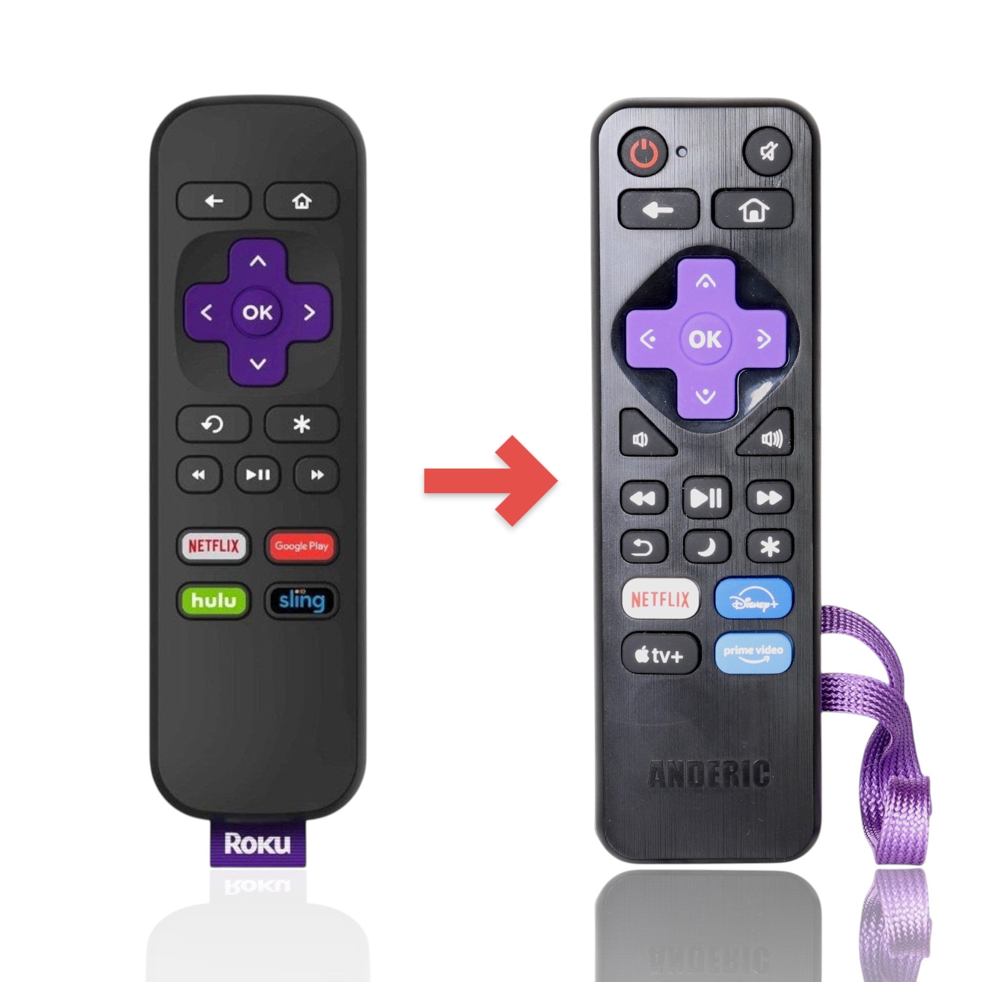 Anderic replacement remote for Roku featuring a purple directional pad, streaming app buttons, and a bottom tassel.