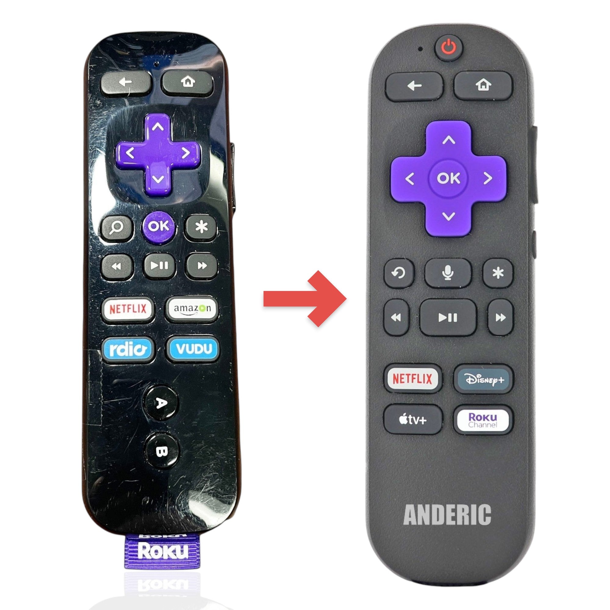 Anderic substitute Roku streaming remote control with black finish, purple directional pad, and app shortcut buttons.