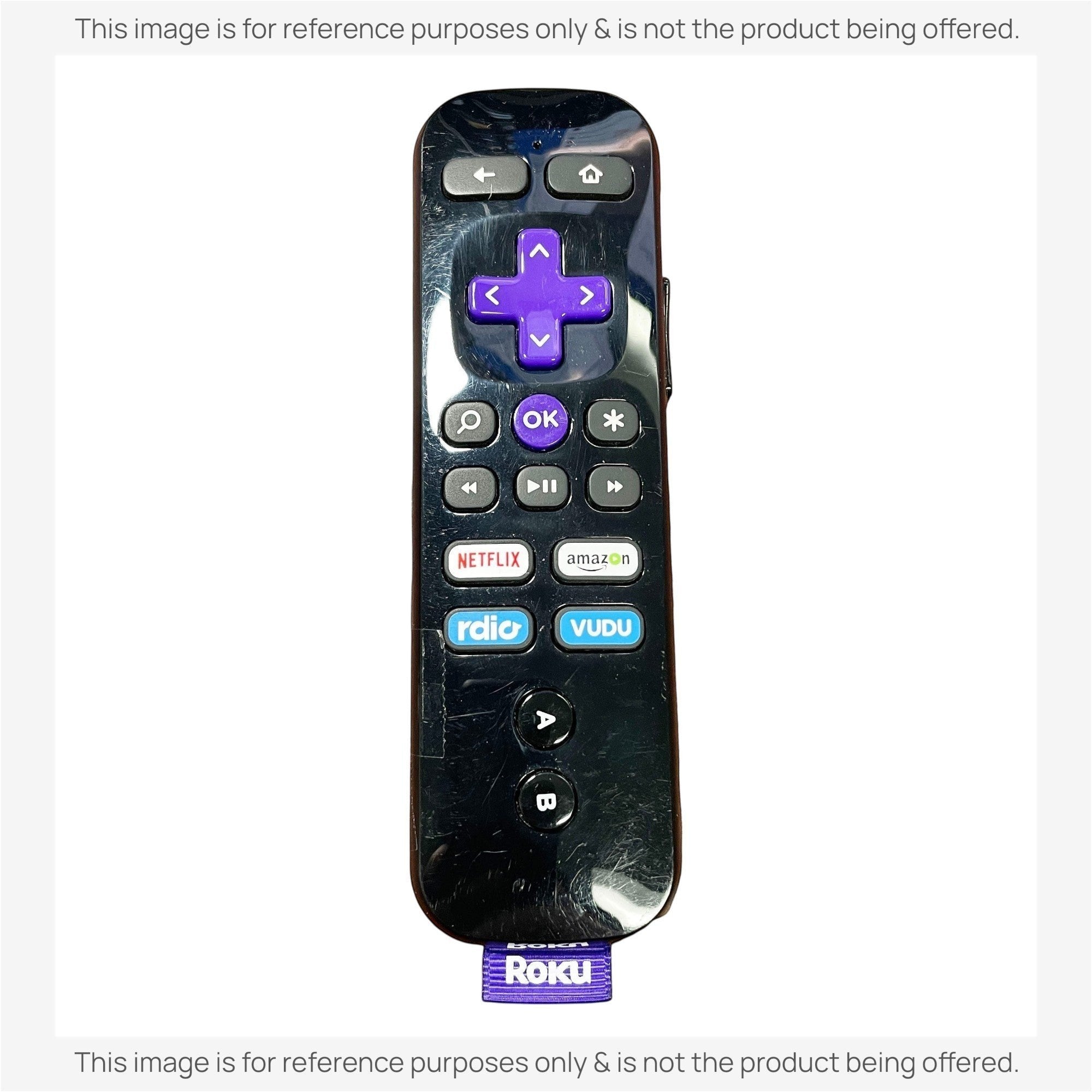 Anderic black streaming remote control for Roku devices with purple directional pad and app shortcut buttons.