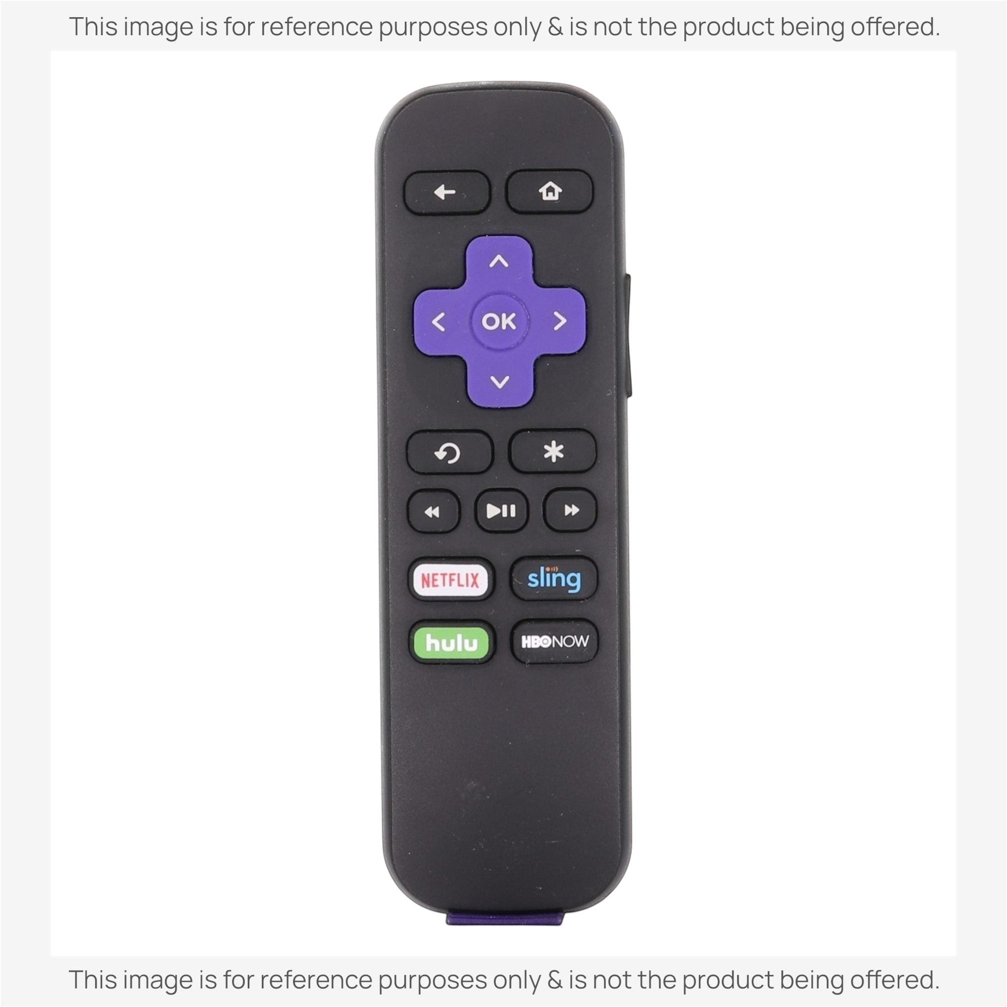 Anderic RC-GZ1 black streaming remote control for Roku devices with purple directional pad and app shortcut buttons.