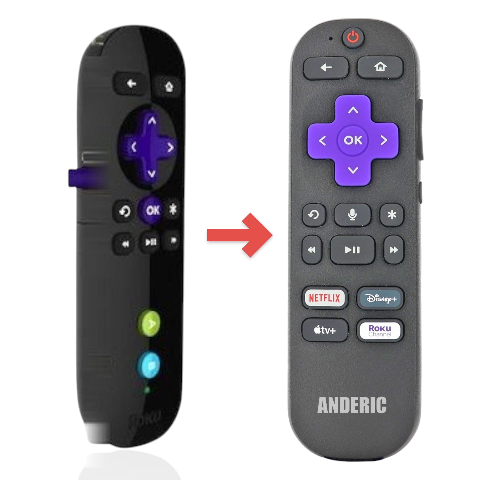 Anderic black universal streaming remote for Roku devices featuring a purple directional pad and voice control button.