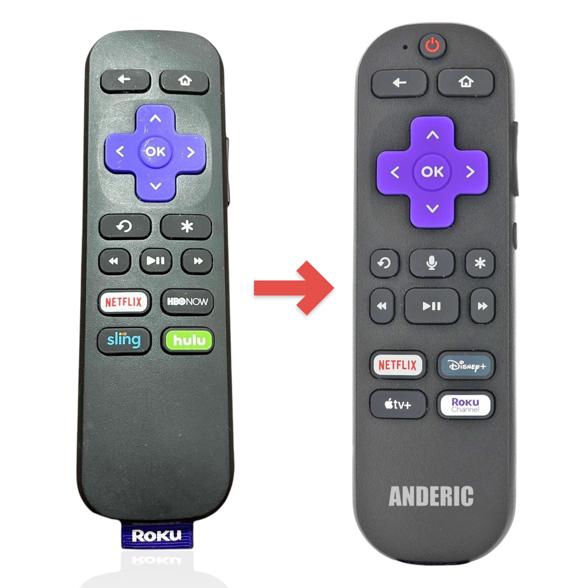 Anderic black streaming remote control for Roku devices with a purple navigation pad and app shortcut buttons.