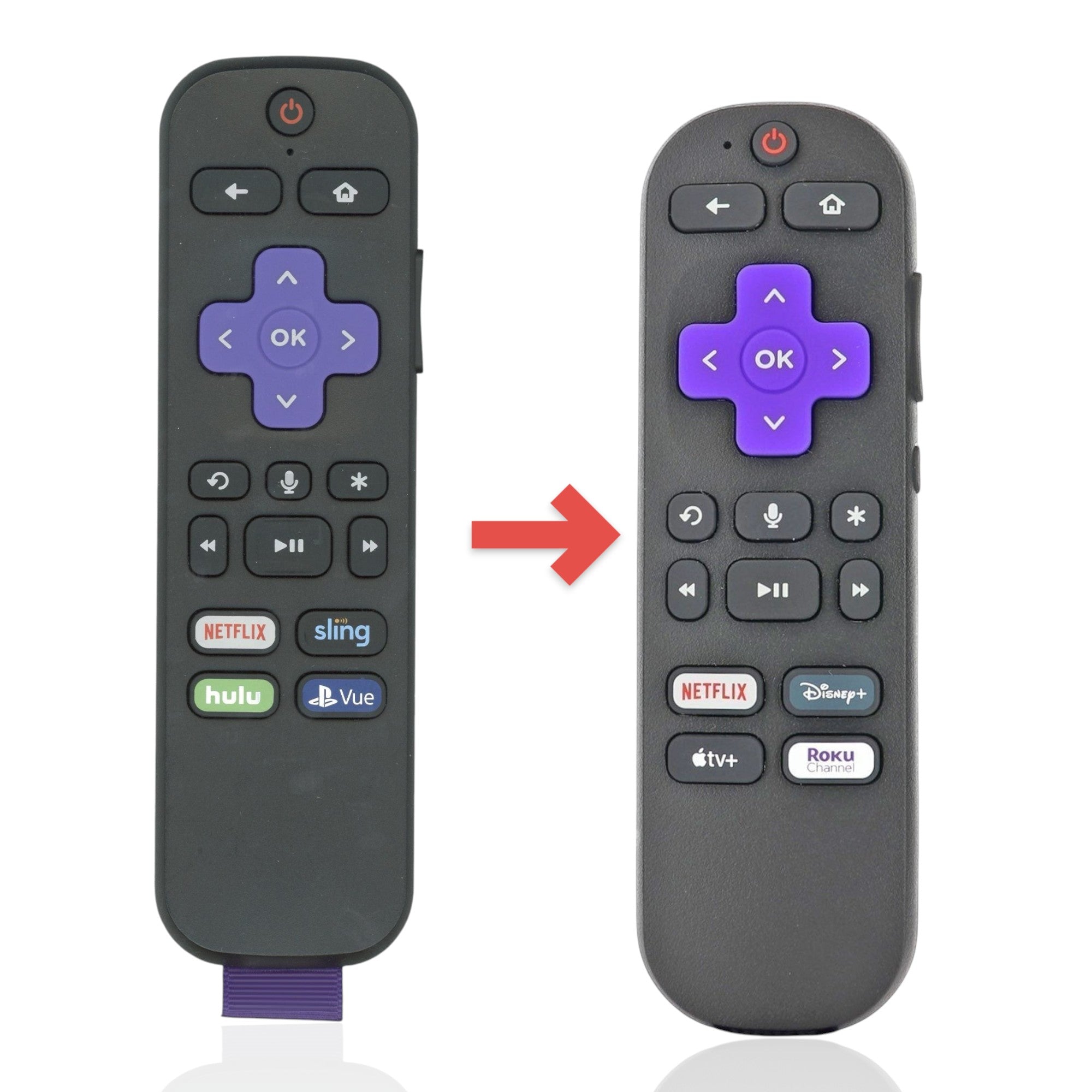 Anderic Roku RC-AL2 streaming stick remote control with voice command button and dedicated shortcut keys.