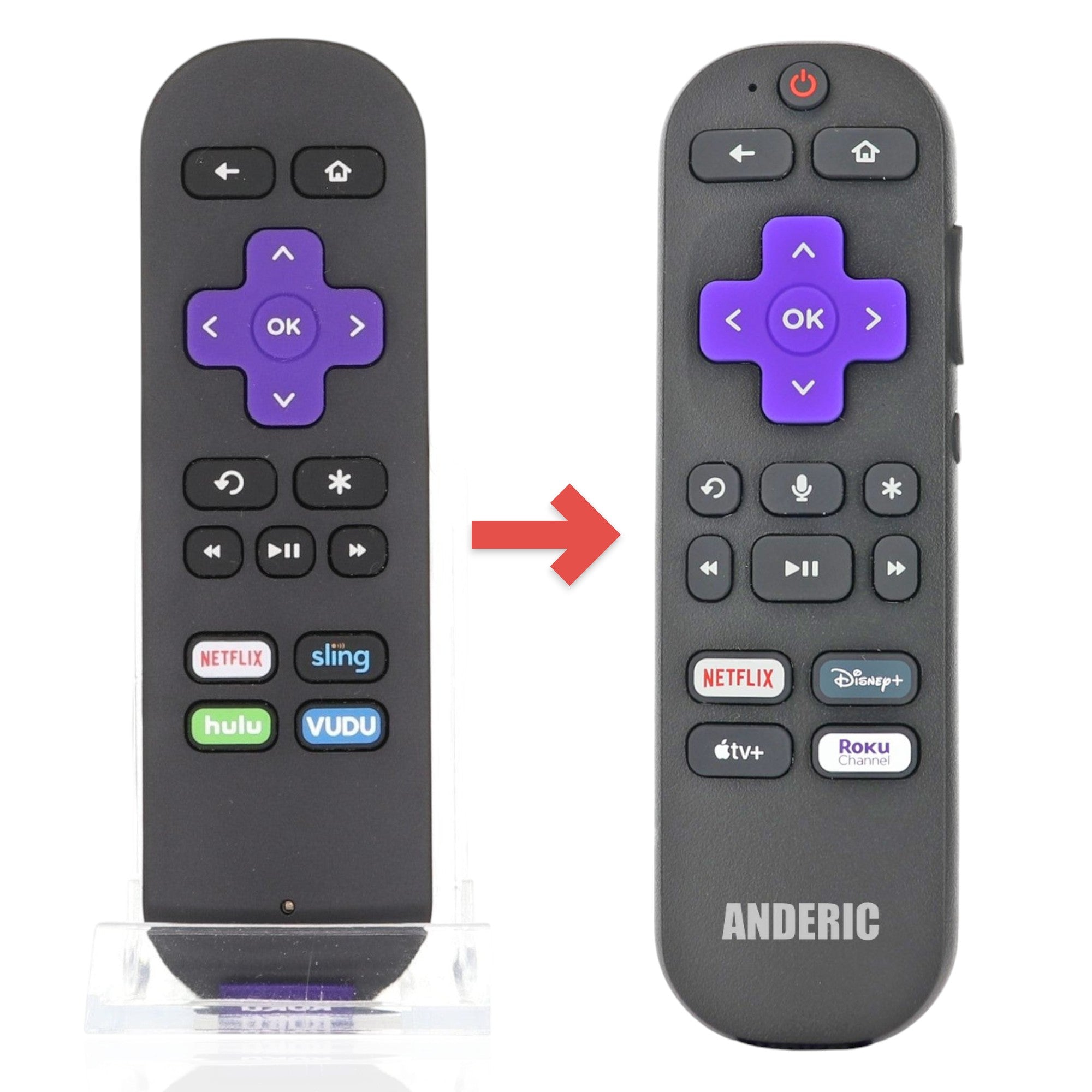Anderic universal streaming remote for Roku devices featuring a purple directional pad and app shortcut buttons.