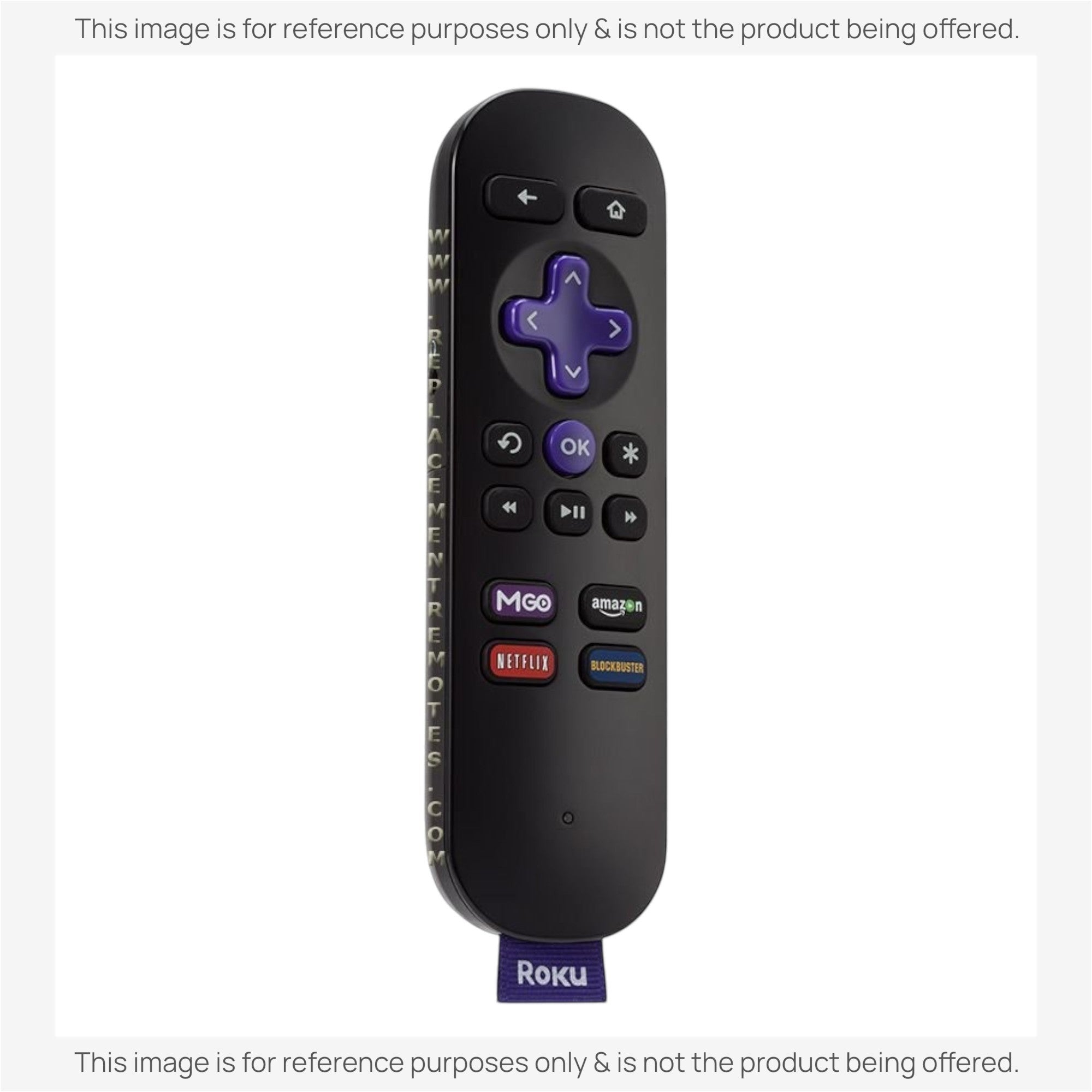 Anderic RC-GZ1 black streaming remote control for Roku devices with purple directional pad and app shortcut buttons.